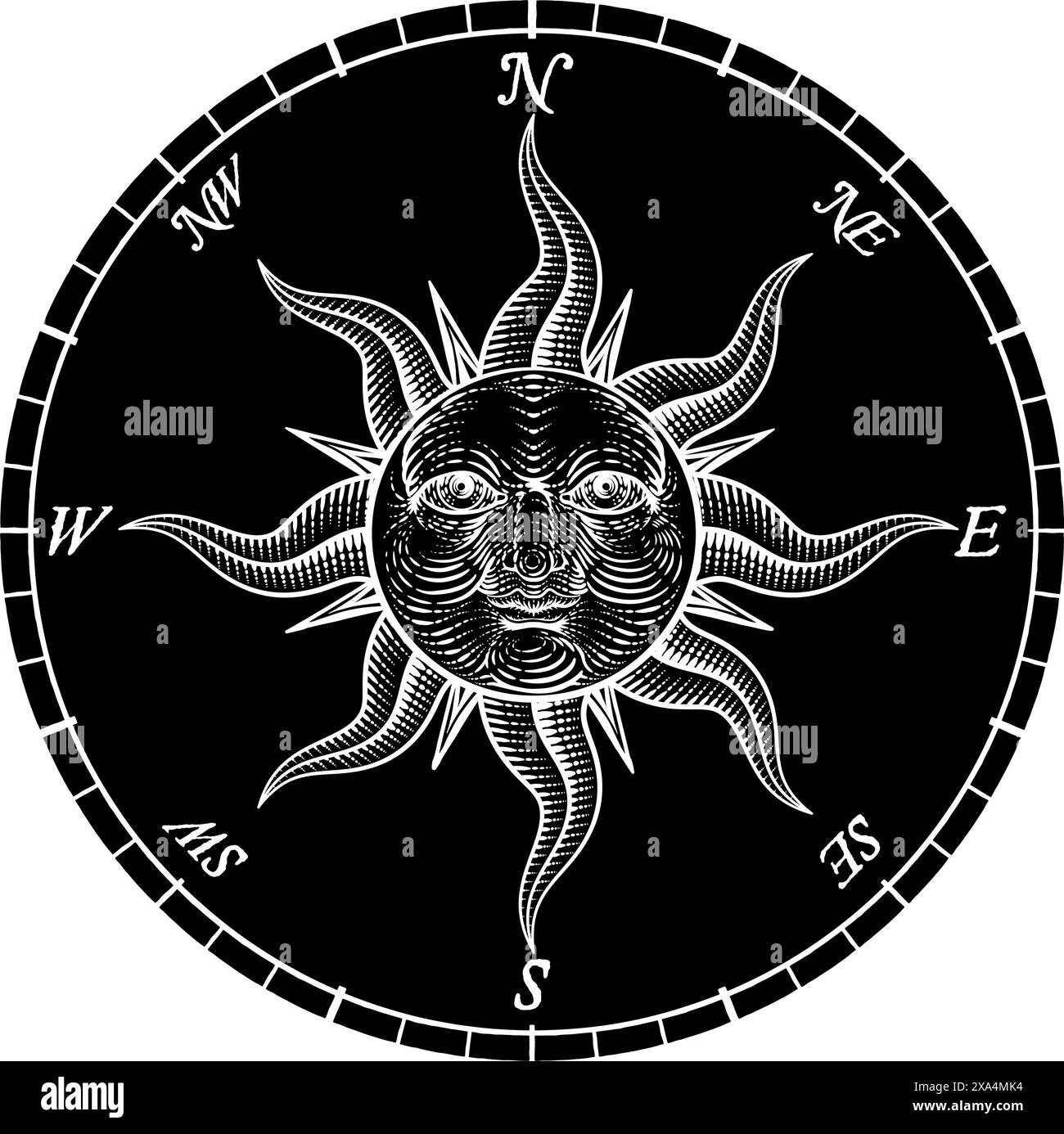 Kompass Sonne Gesicht Ätzrose Holzschnitt Zeichnung Stock Vektor