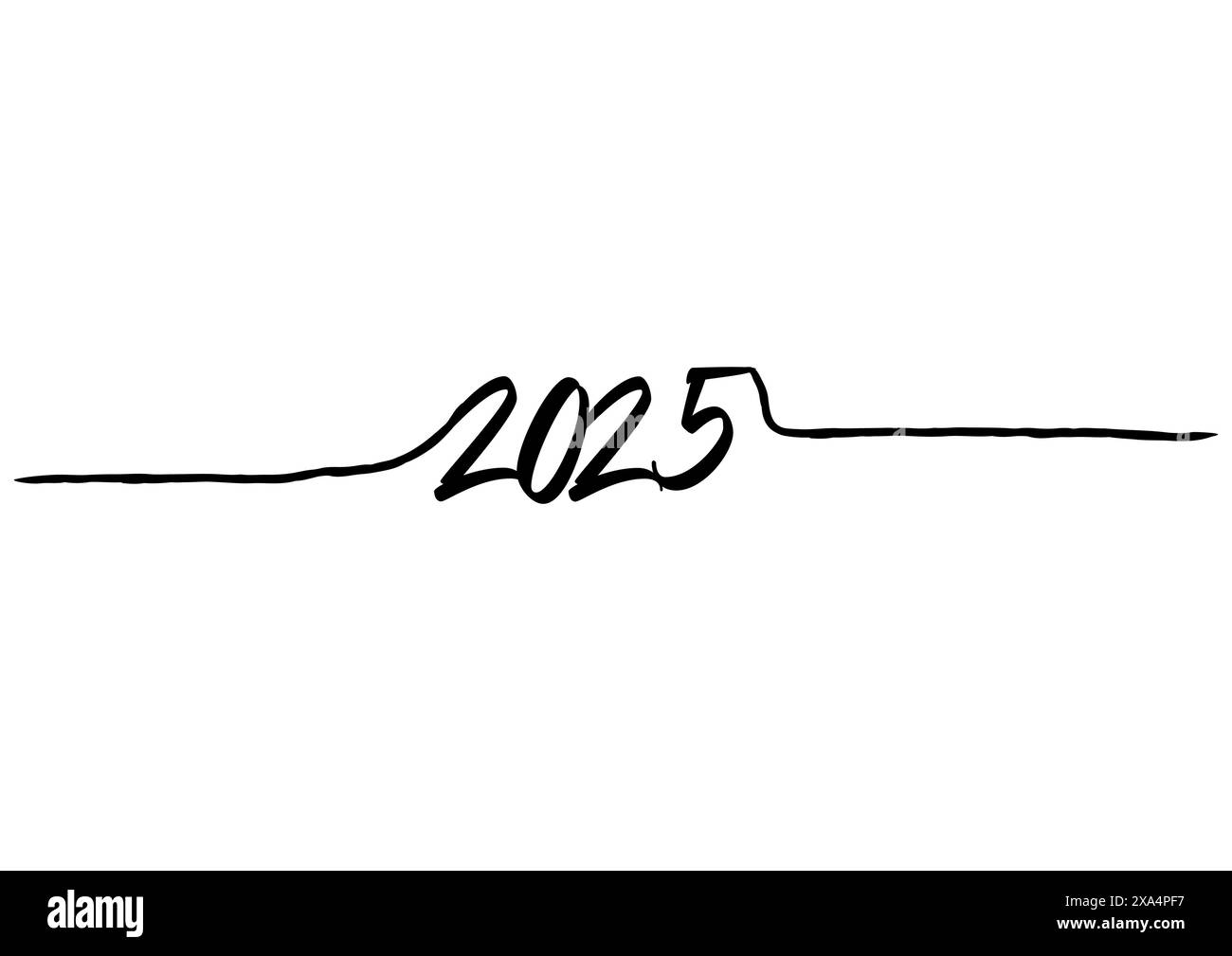 Strichgrafik, Schriftzug 2025, Neujahr, eine durchgehende Strichzeichnung. Für Postkarten Stock Vektor