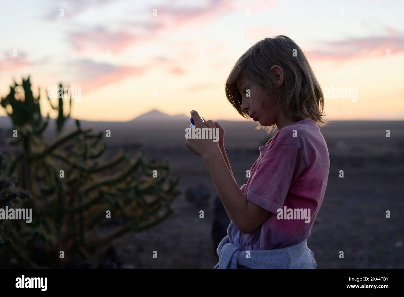 Kleinkind, das während des Sonnenuntergangs ein kleines Objekt in der Hand mit Kakteen und Bergen im Hintergrund untersucht. Stockfoto
