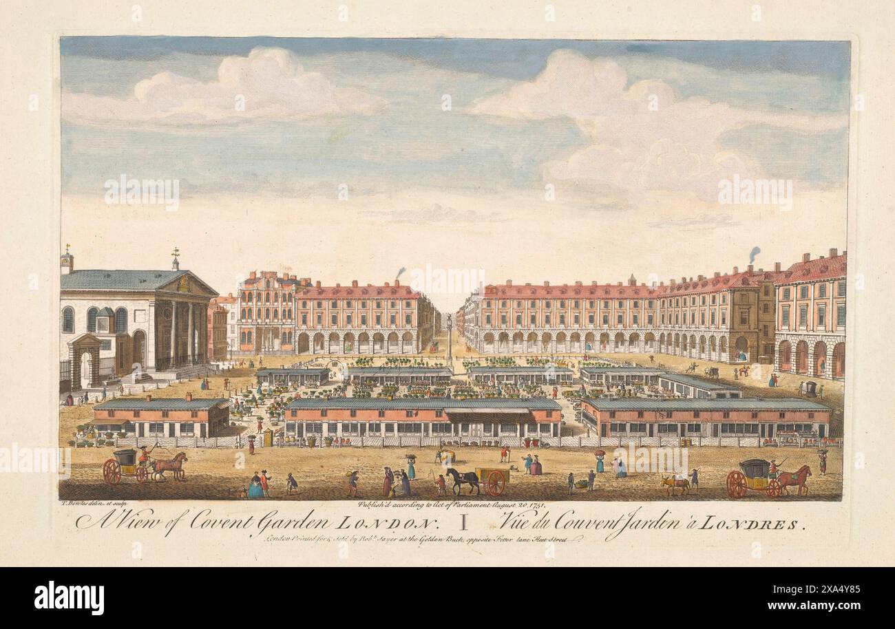 Ein gedruckter Farbstich der allgemeinen Ansicht des Covent Garden London im Jahr 1751, Herausgeber Robert Sayer Printer, war Thomas Bowles Skyline und Stadtlandschaft aus der historischen Perspektive, die Aquarelle alten antiken Druck gravierte Stockfoto