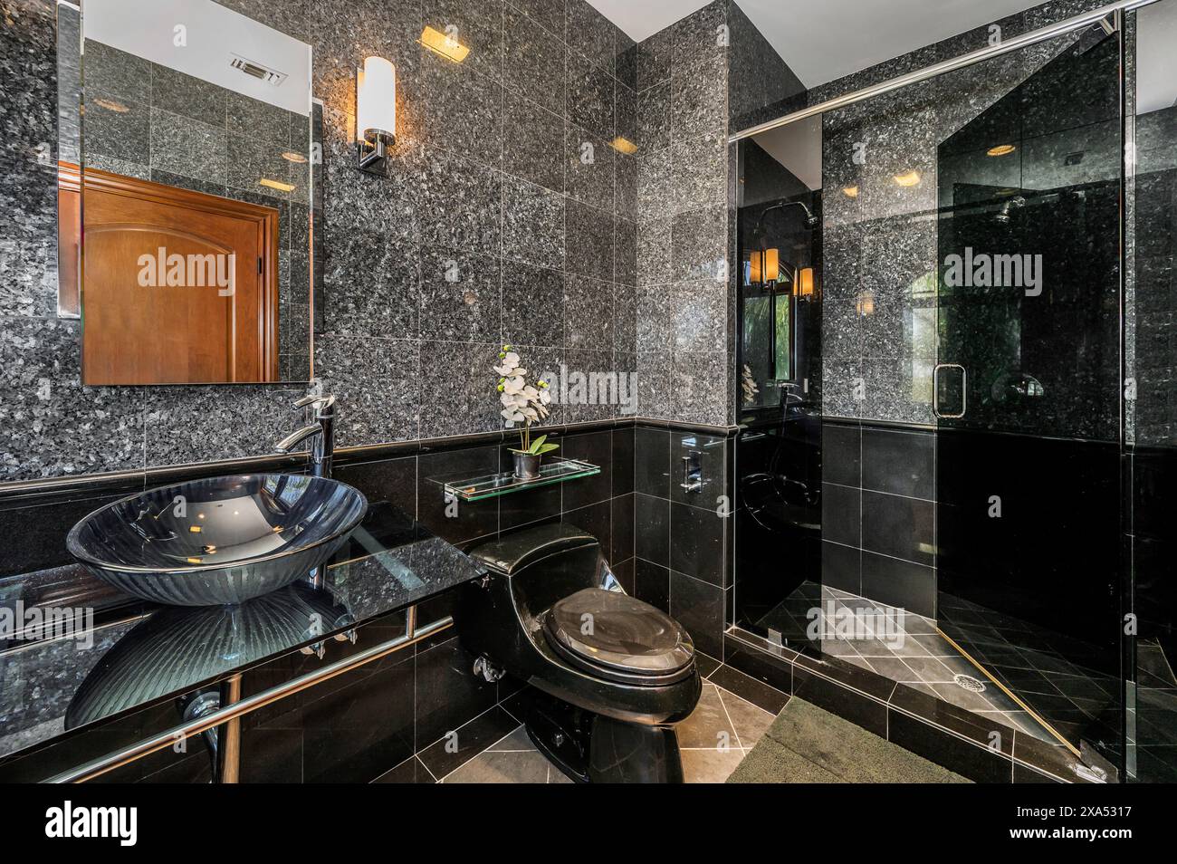 Ein modernes Badezimmer mit Dusche, Toilette und Marmorablage Stockfoto