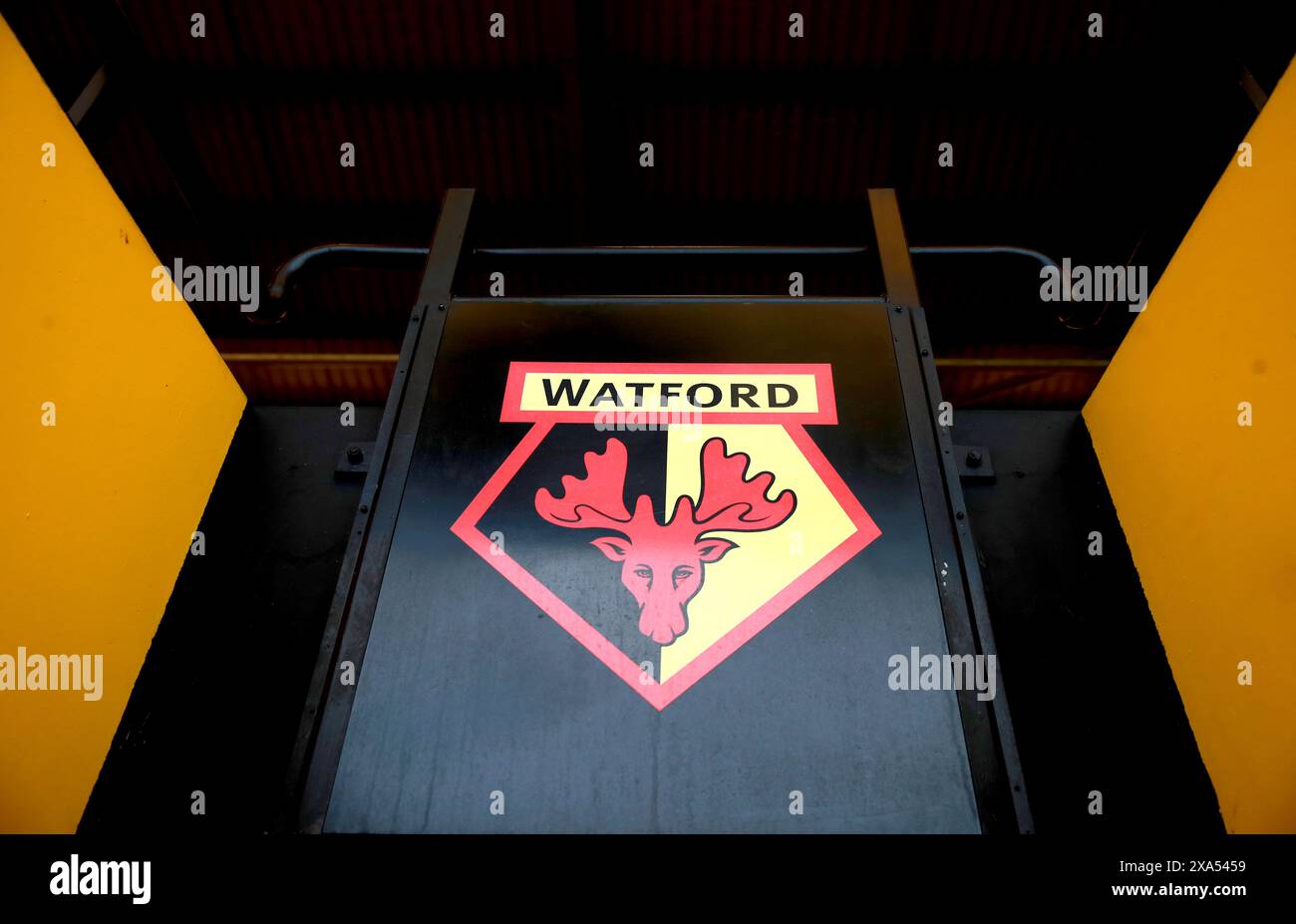 Aktenfoto vom 29.02.2020 vom Watford Club-Abzeichen. Watford hofft, 17,5 Millionen Pfund aufzubringen, indem er einen 10-prozentigen Anteil an dem Club an seine Fans und andere Investoren verkauft. Ausgabedatum: Dienstag, 4. Juni 2024. Stockfoto