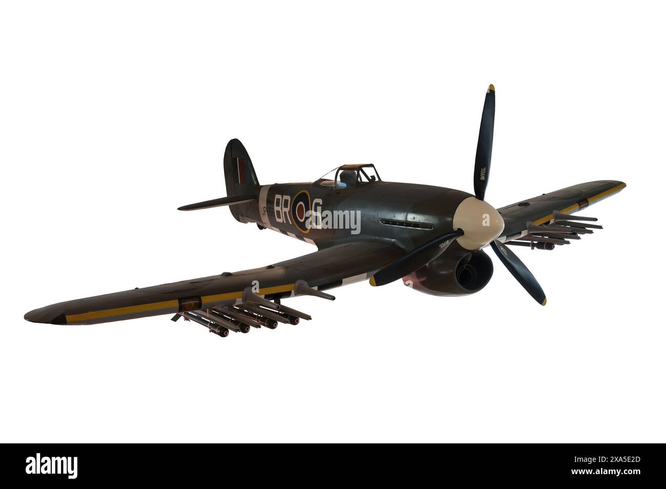 Der Hawker Typhoon ist ein britischer einsitziger Jagdbomber, der von Hawker Aircraft produziert und von der Presse als Bomphoon bezeichnet wird. Stockfoto
