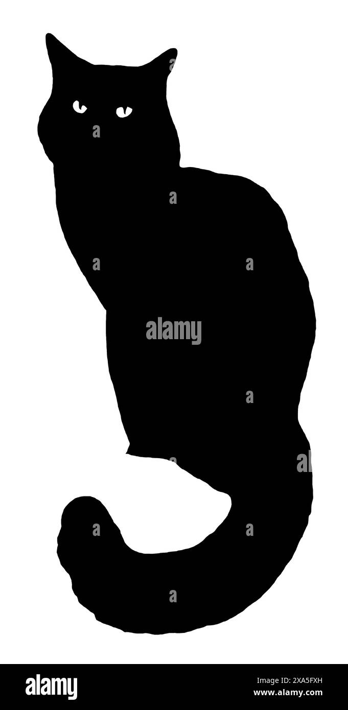 Einfache digital lackierte Silhouette von Black Cat isoliert auf weißem Hintergrund, um die Verwendung als Clipart zu erleichtern. Stockfoto