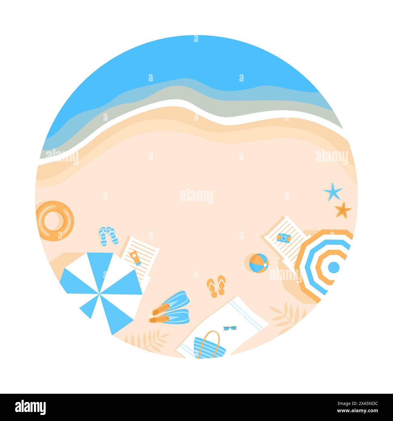 Runde Sommerclipart. Küste und Strand mit Sonnenschirmen, Sonnenliegen und Sommerartikeln, Blick von oben. Illustration des flachen Vektors Stock Vektor