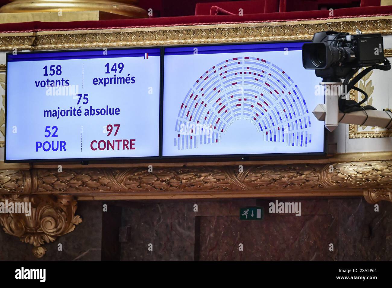 Paris, Frankreich. Juni 2024. Dieses Foto zeigt die Ergebnisse der Abstimmung über Artikel während einer parlamentarischen Sitzungsdebatte über das Gesetz über das Sterberecht, bekannt als "End of Life" oder "Hilfe im Sterben", in der Nationalversammlung in Paris am 4. Juni 2024. Foto: Firas Abdullah/ABACAPRESS. COM Credit: Abaca Press/Alamy Live News Stockfoto