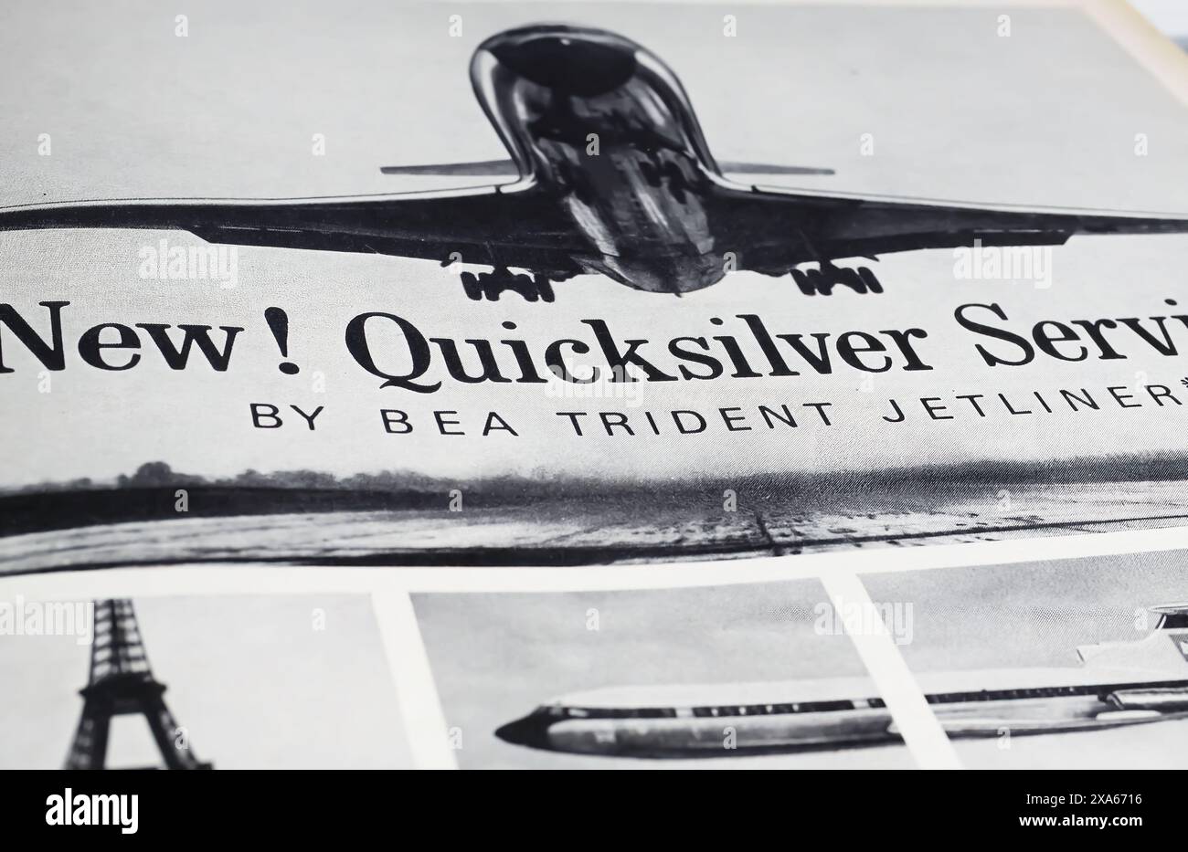 Viersen, Deutschland - 9. Mai. 2024: Das alte amerikanische Retro-Magazin British European Airways BEA-Werbung mit dem Hawker Siddeley Trident-Jetliner von 1965 Stockfoto