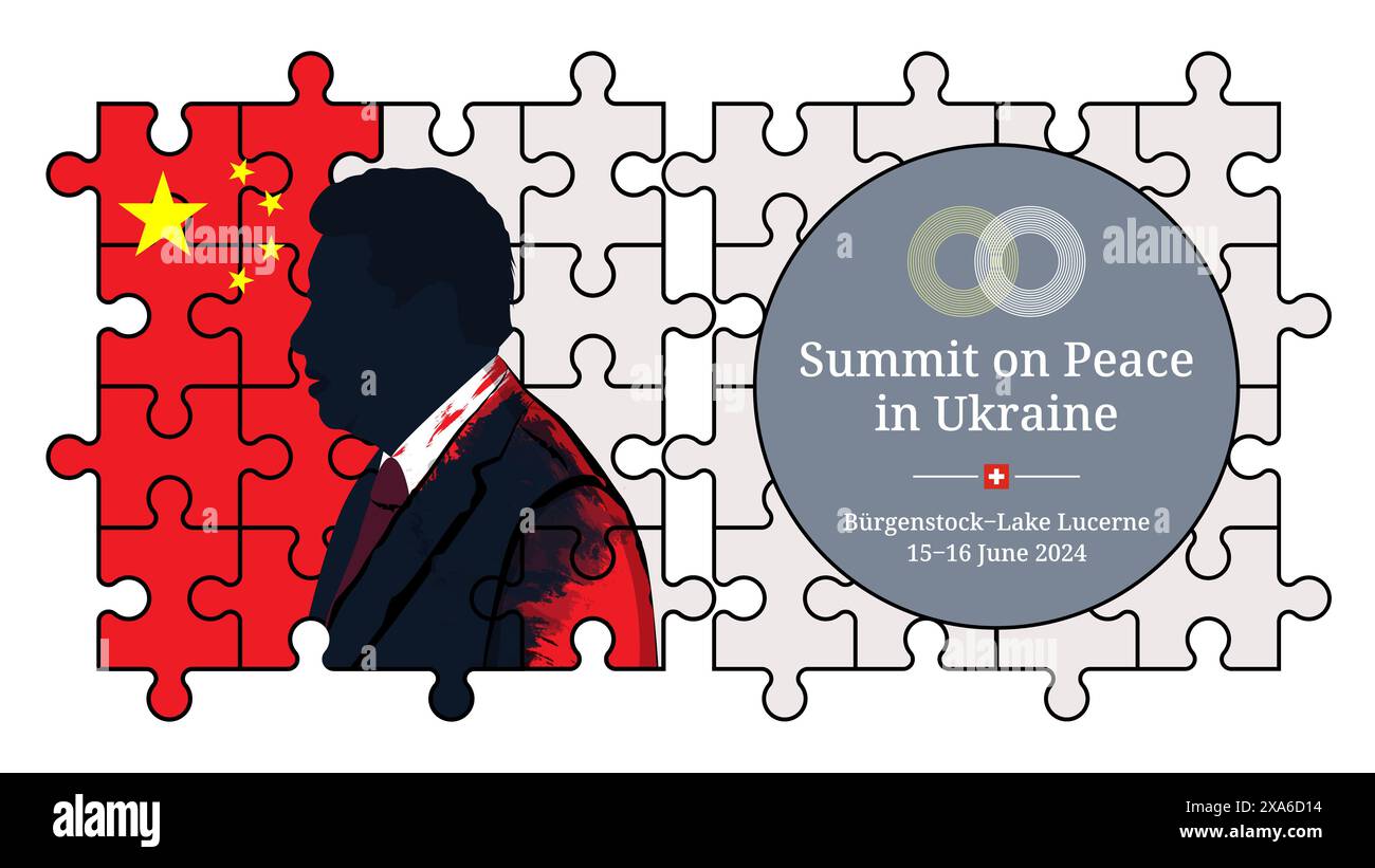 XI Jinping vor dem Hintergrund des Gipfels über den Frieden in der Ukraine 2024 mit chinesischer Flagge und Logo Stockfoto