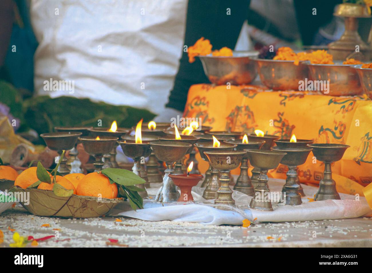 Aus nächster Nähe erleuchtete Ghee-Lampen aus Messing oder Butterlampen und heilige Ringelblumen, die während des religiösen heiligen Rituals für den tibetischen Losar oder Silvester angeboten werden Stockfoto