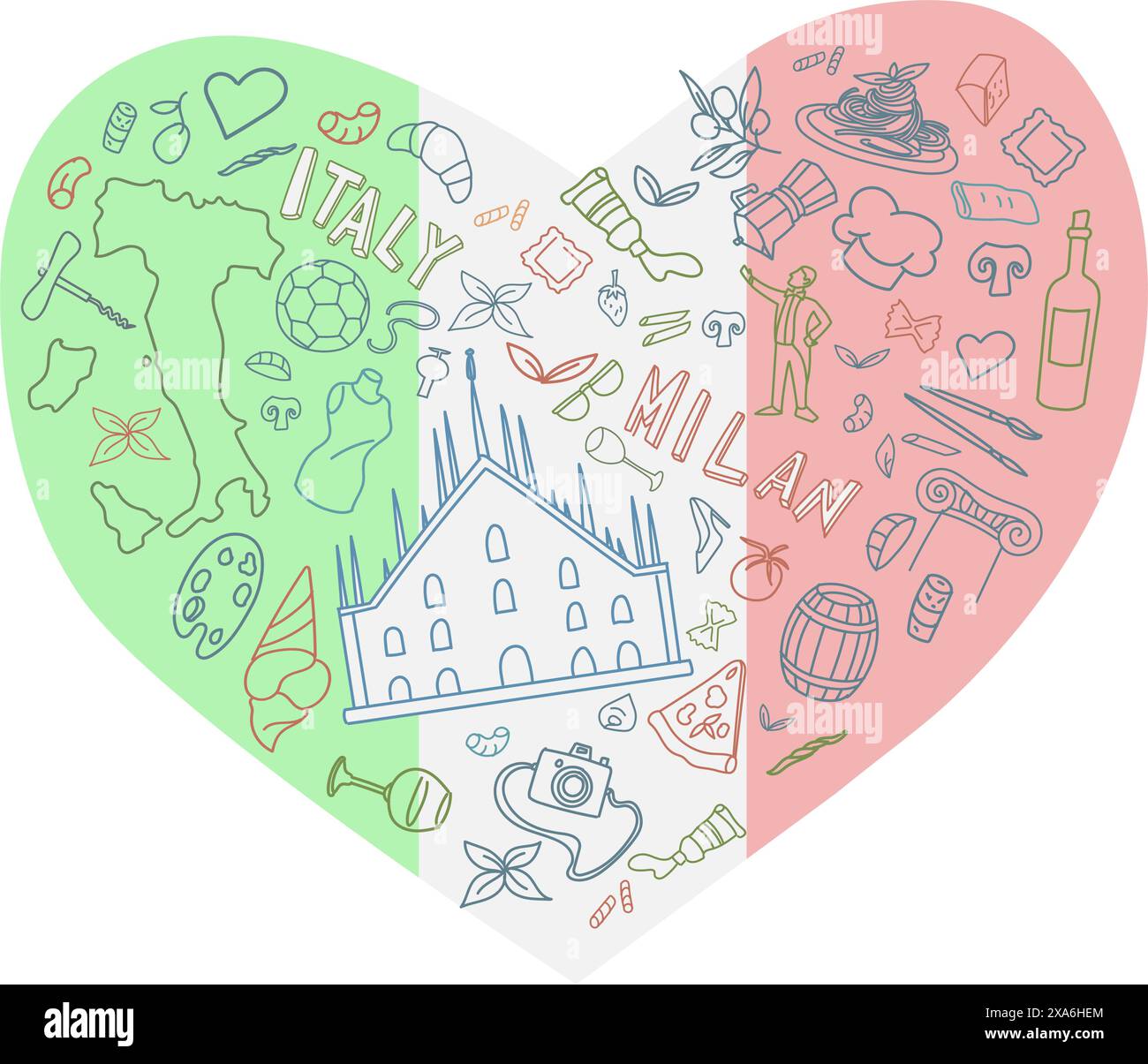 Tourismus-Design-Symbol der berühmten Stadt Mailand auf Herzhintergrund. Vektorabbildung Stock Vektor