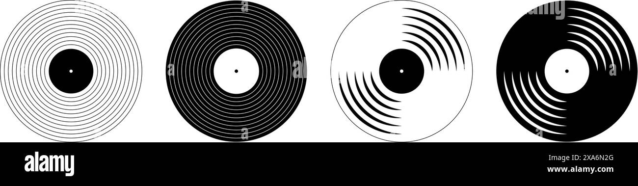 Vinyl nimmt Symbole auf. CDs mit LP- oder Long-Play-Musik, die auf weißem Hintergrund isoliert sind. DJ-Ausrüstung für Disco oder Techno-Party. 70er 80er 90er Jahre Diskothekennostalgiekonzept. Vektorgrafik. Stock Vektor