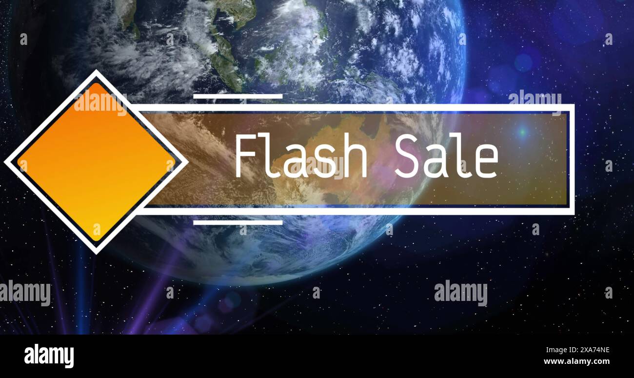 Bild des Flash-Verkaufstextes auf dem Banner und der gelben Rautenform über der Erde und dem Universum Stockfoto