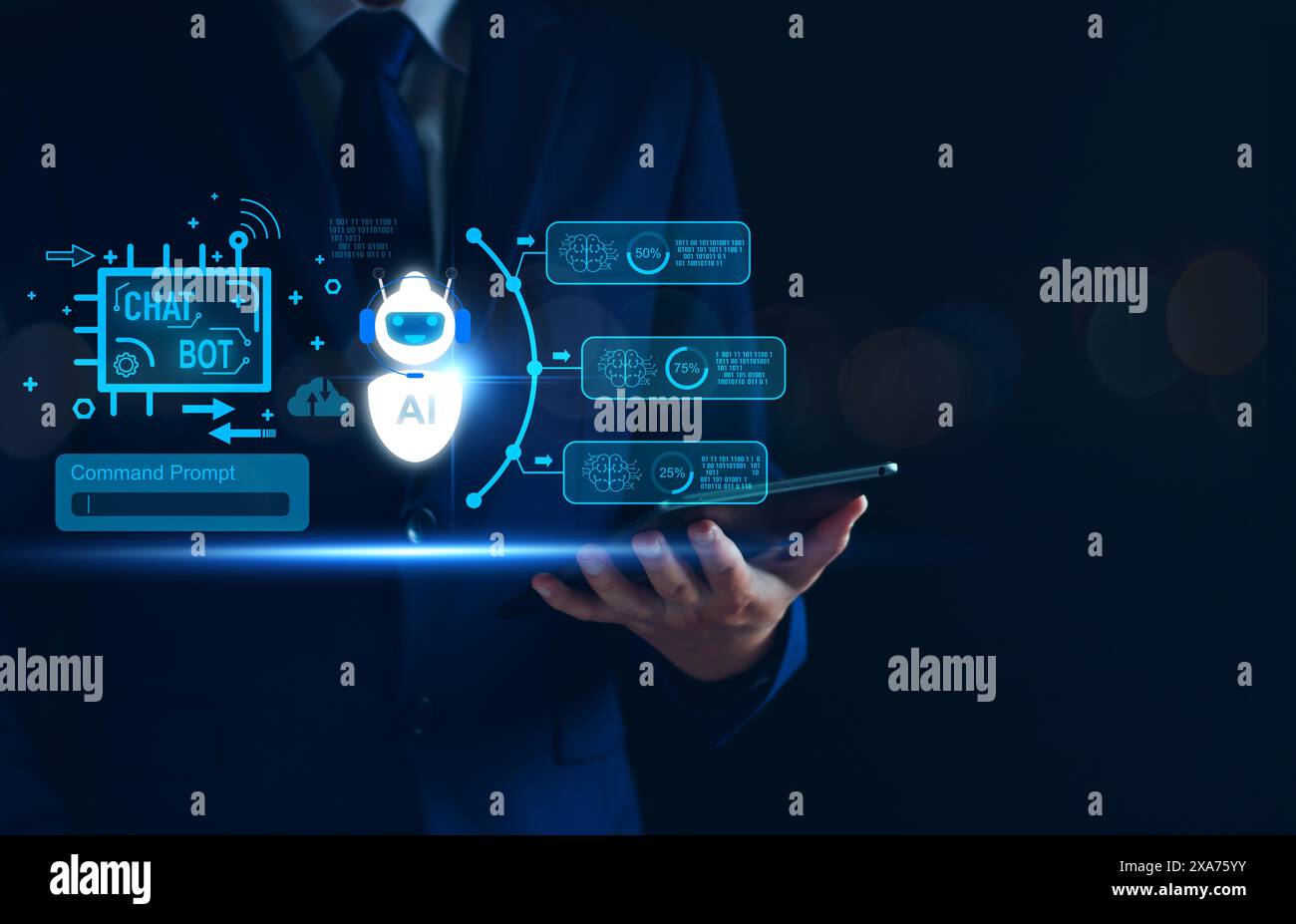 Chatbot-Konzept. Offene KI, Künstliche Intelligenz. Geschäftsmann, der Technologie nutzt, intelligente Roboter-KI, Eingabeaufforderungen eingeben, geschäftliche Informationen erhalten Stockfoto