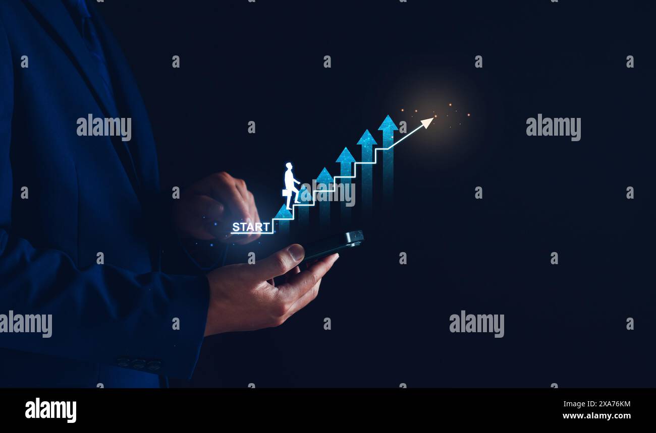 Unternehmensgründung. Geschäftsmann, der das Geschäftsziel berührt. Wachstum des Unternehmens, langfristige Investitionen, Marketinganalysen, Handel, Steigerung der Gewinne. Start Stockfoto