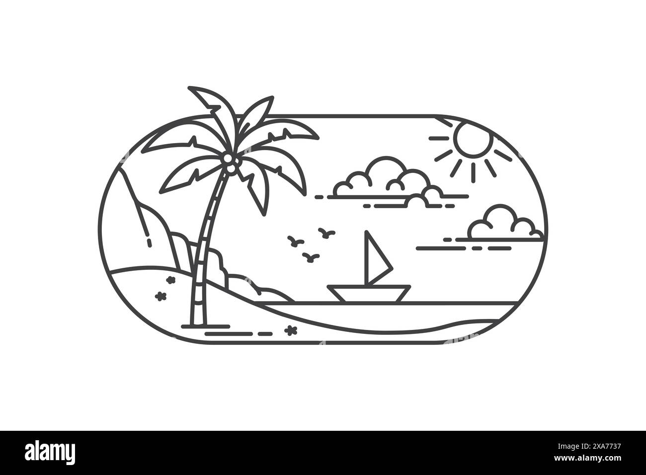Line Art Design Illustration des Sommers auf einer tropischen Insel mit einer ruhigen und friedlichen Atmosphäre Stock Vektor
