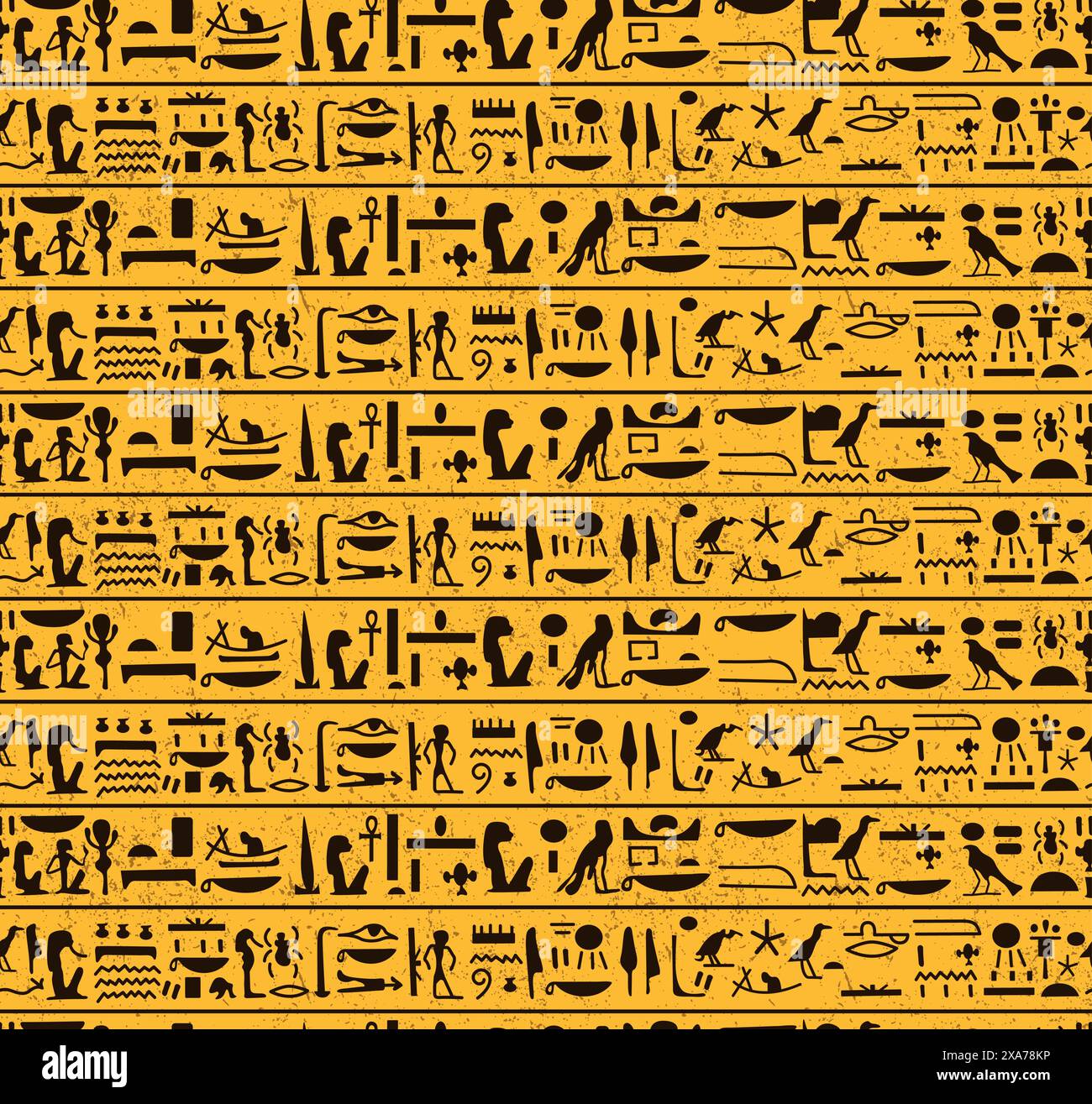 Alte dunkelbraune ägyptische Hieroglyphen Alphabetmuster über gelbem Hintergrund nahtloses Muster Stock Vektor