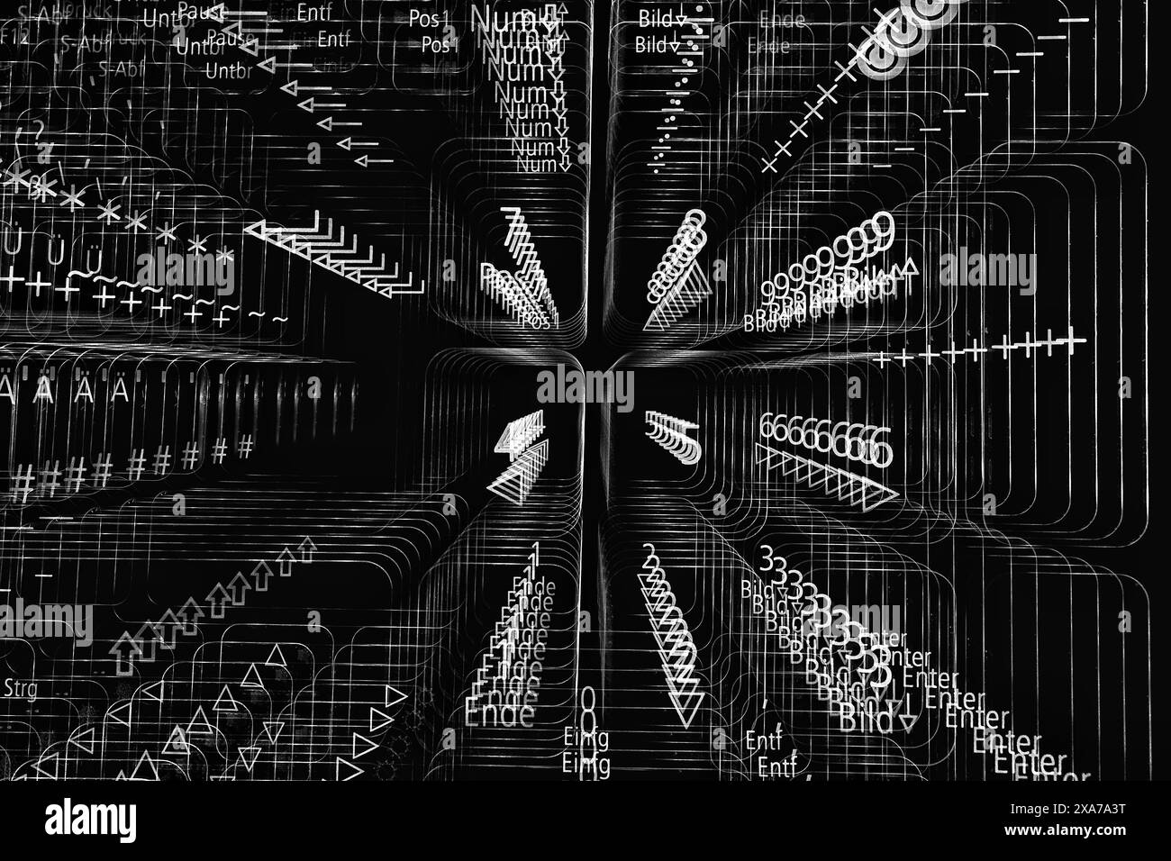 Teil einer beleuchteten Tastatur auf der Rückseite, abstrakt in wiederholter Weise fotografiert, moderne Gesellschaft von IHR durchdrungen Stockfoto