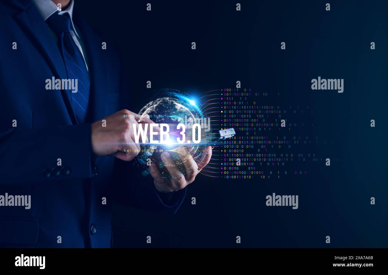 Web 3,0-Konzept. Geschäftsmann Hand Show Web 3,0 mit Globus. AI Technology Global Network, Future Technology Computer, Global Business Futuristic, websi Stockfoto