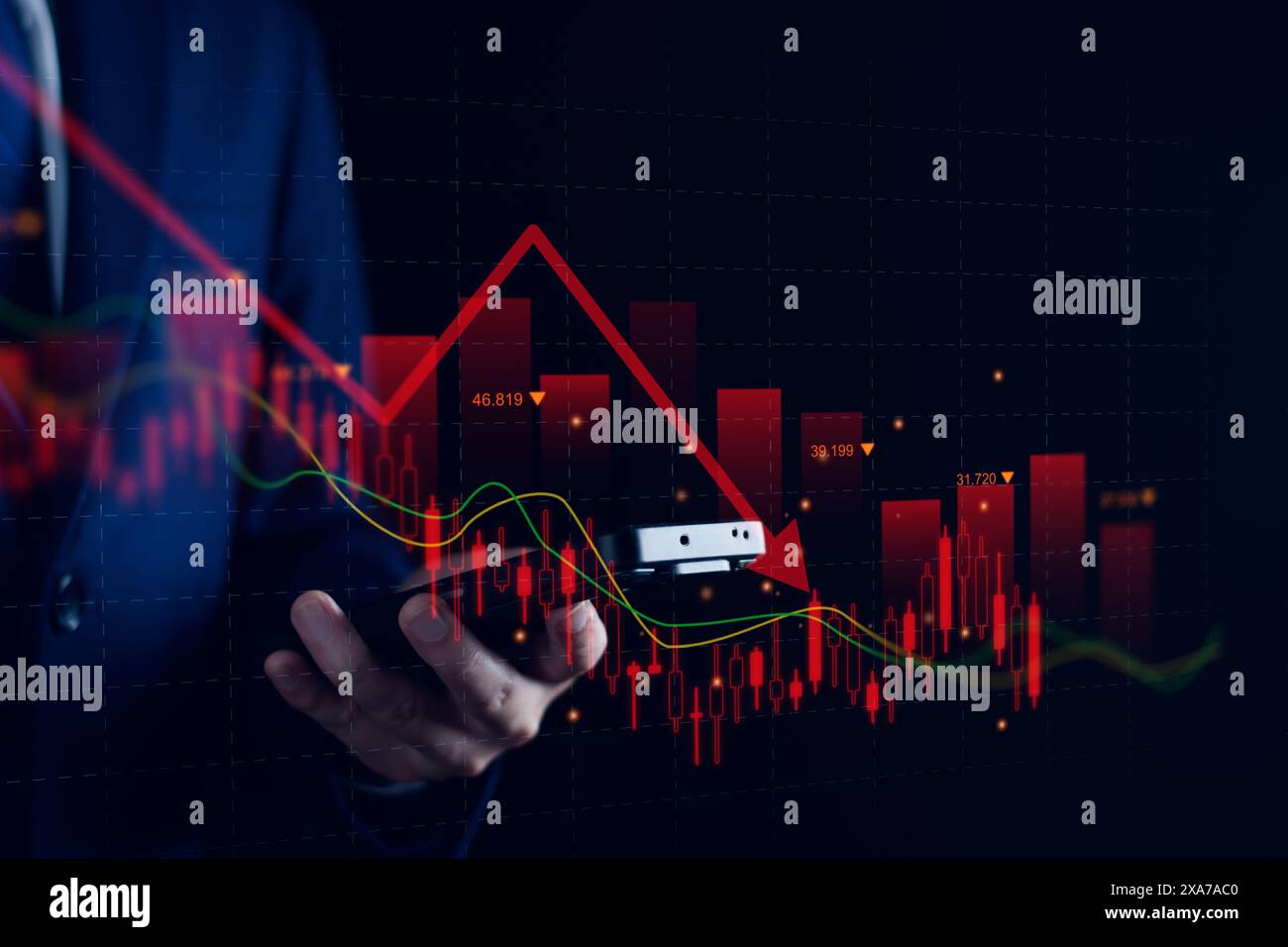 Börseneinbruch, Wirtschaftskrise, Börsenverlauf, Finanzbankrott der Wirtschaft, Geschäftsabsturz, Geschäftsmann-Berührungspfeile brach ab, Stockfoto