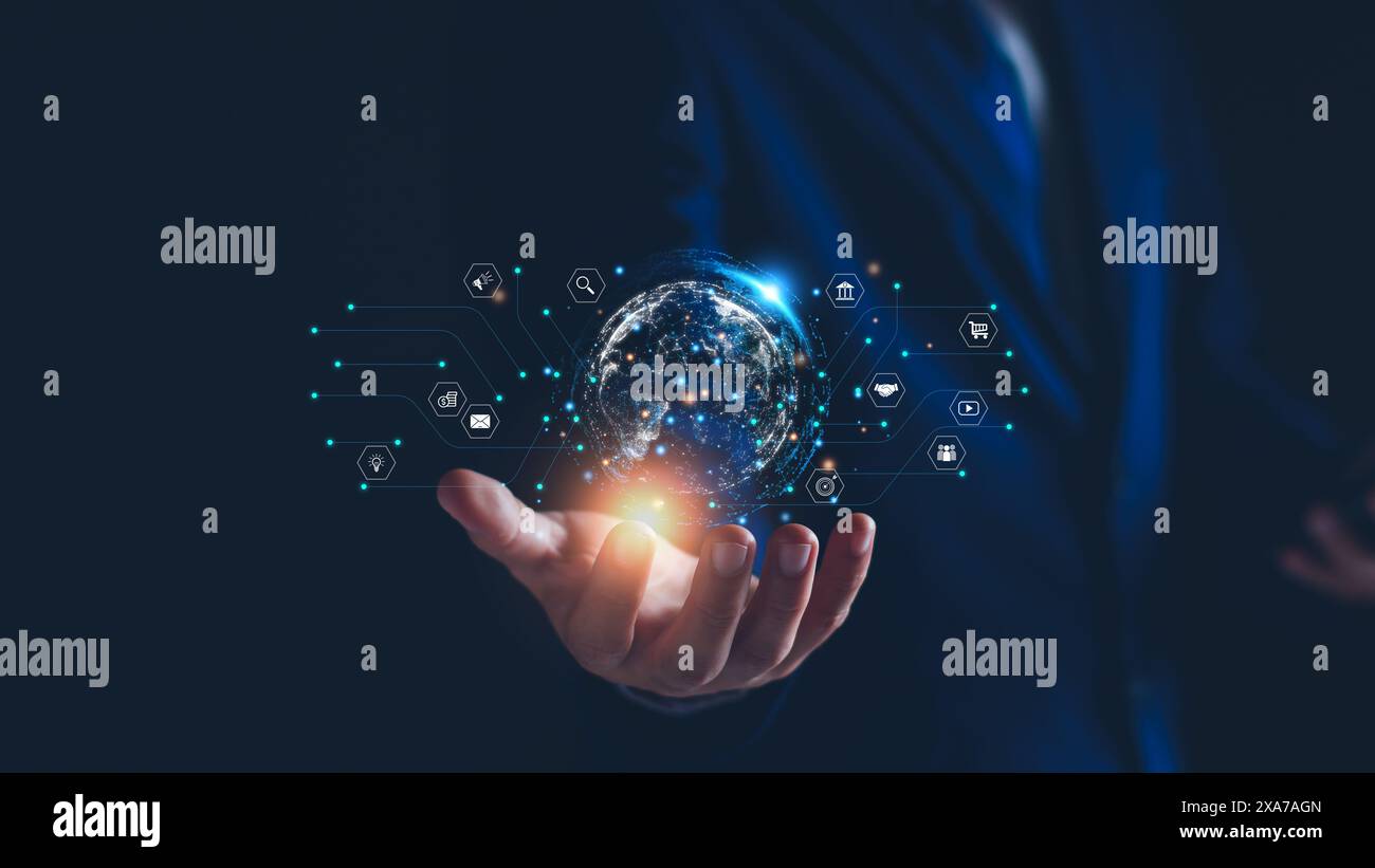 Online-Marketing-Unternehmensnetzwerk-Konzept. Geschäftsmann stellt eine Verbindung zum Unternehmensnetzwerk über das Internet her. Planen Sie Immobilieninvestitionen, analysieren Sie die Ma Stockfoto