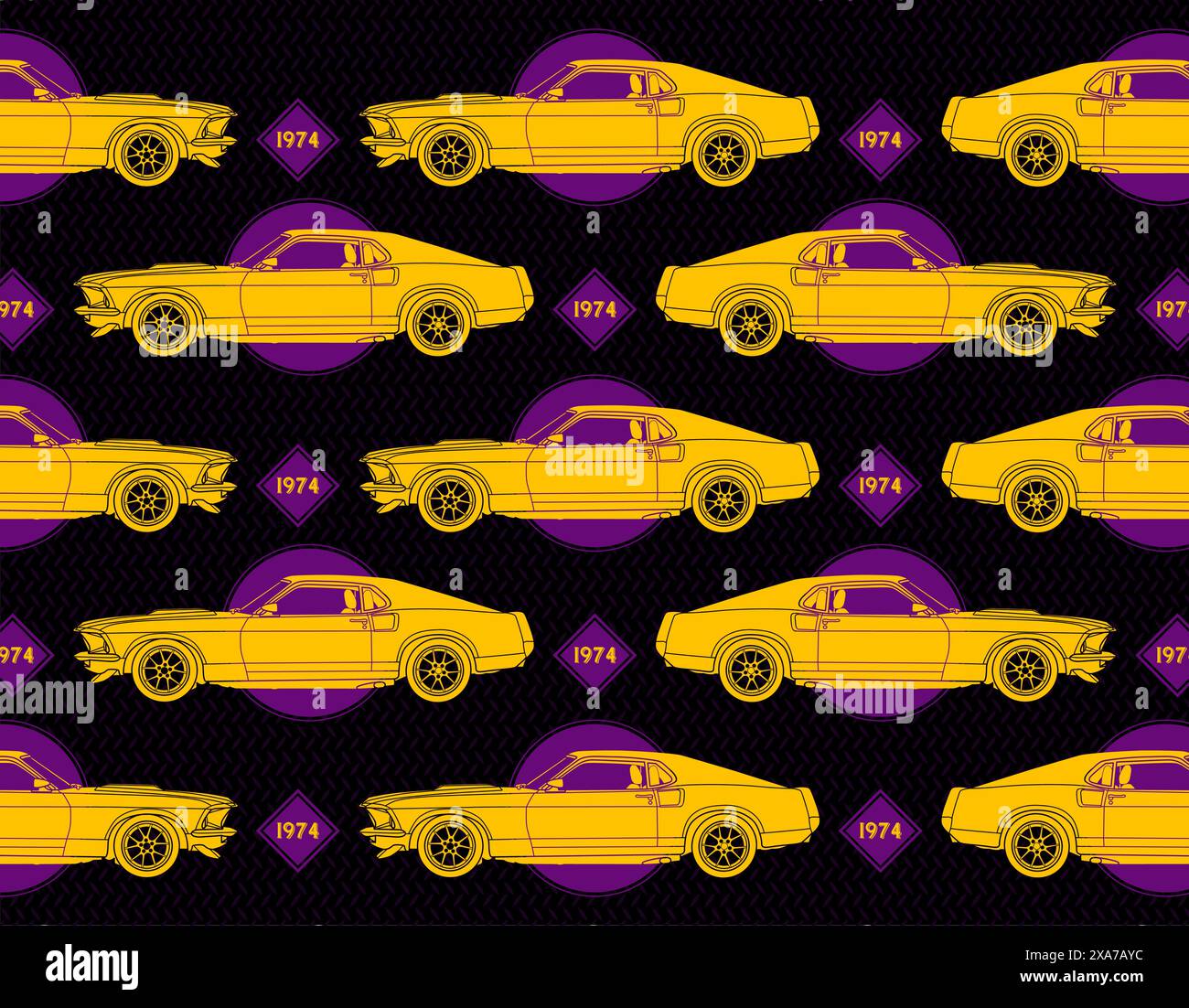 Muscle Car Vector Set Collage mit gelbem Auto. Violette Diamanten und Kreise mit 1974 Text und geometrischem Metallmuster im Hintergrund Stock Vektor