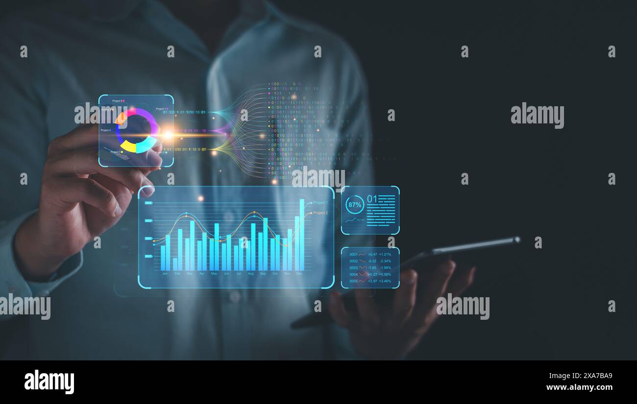 KPI-Geschäftsanalysekonzept. Geschäftsmann analysiert mithilfe des virtuellen Bildschirms des KPI-Dashboards Datenberichte, Geschäftstendenzen, Marketing, Unternehmensfinanzen, Investitionen Stockfoto
