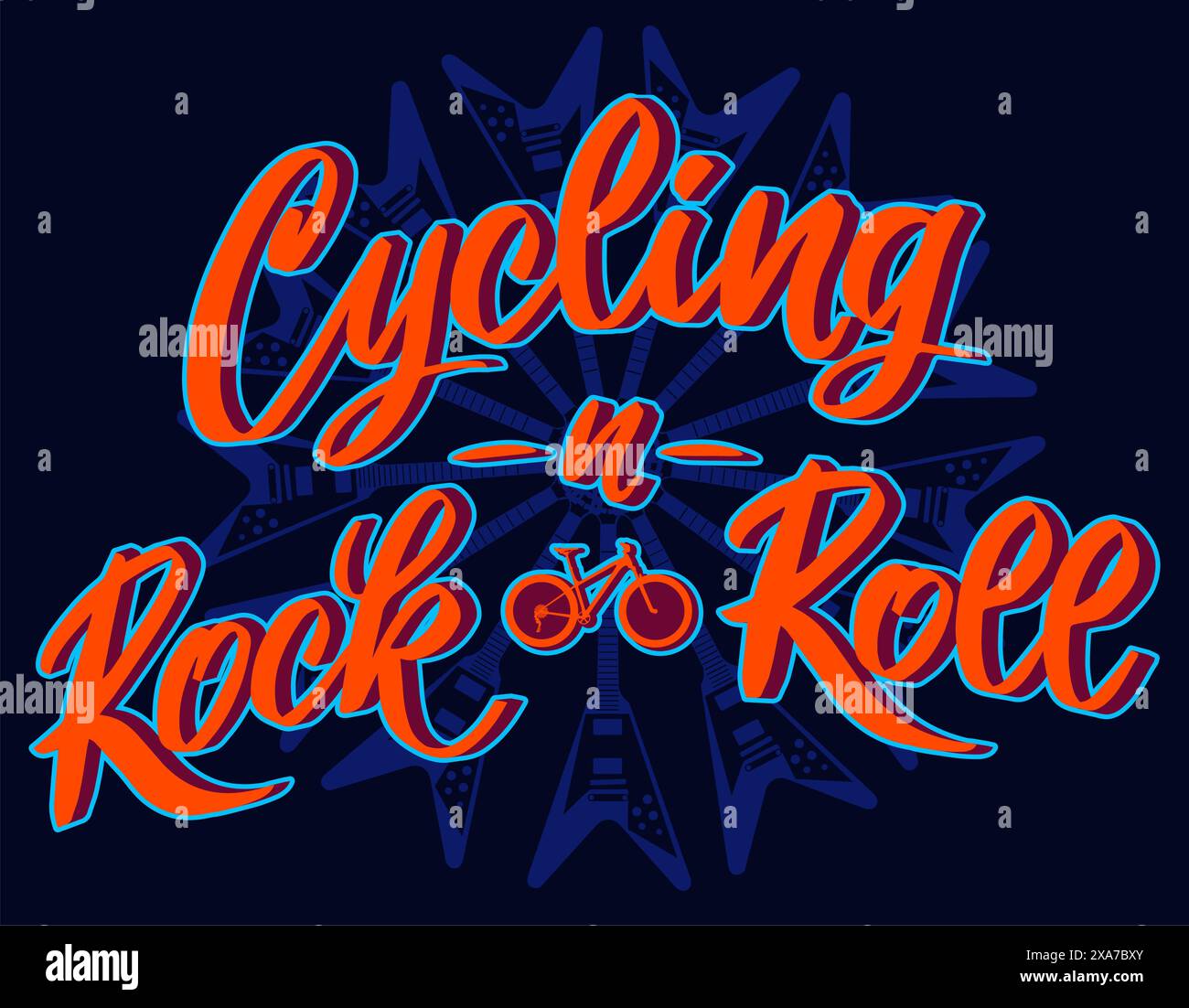 Radfahren n Rock & Roll Schriftart über einer elektrischen fliegenden V-Gitarrenwiederholung auf einem dunkelblauen Hintergrund. Oldtimer-Design, ideal für Stempel Stock Vektor