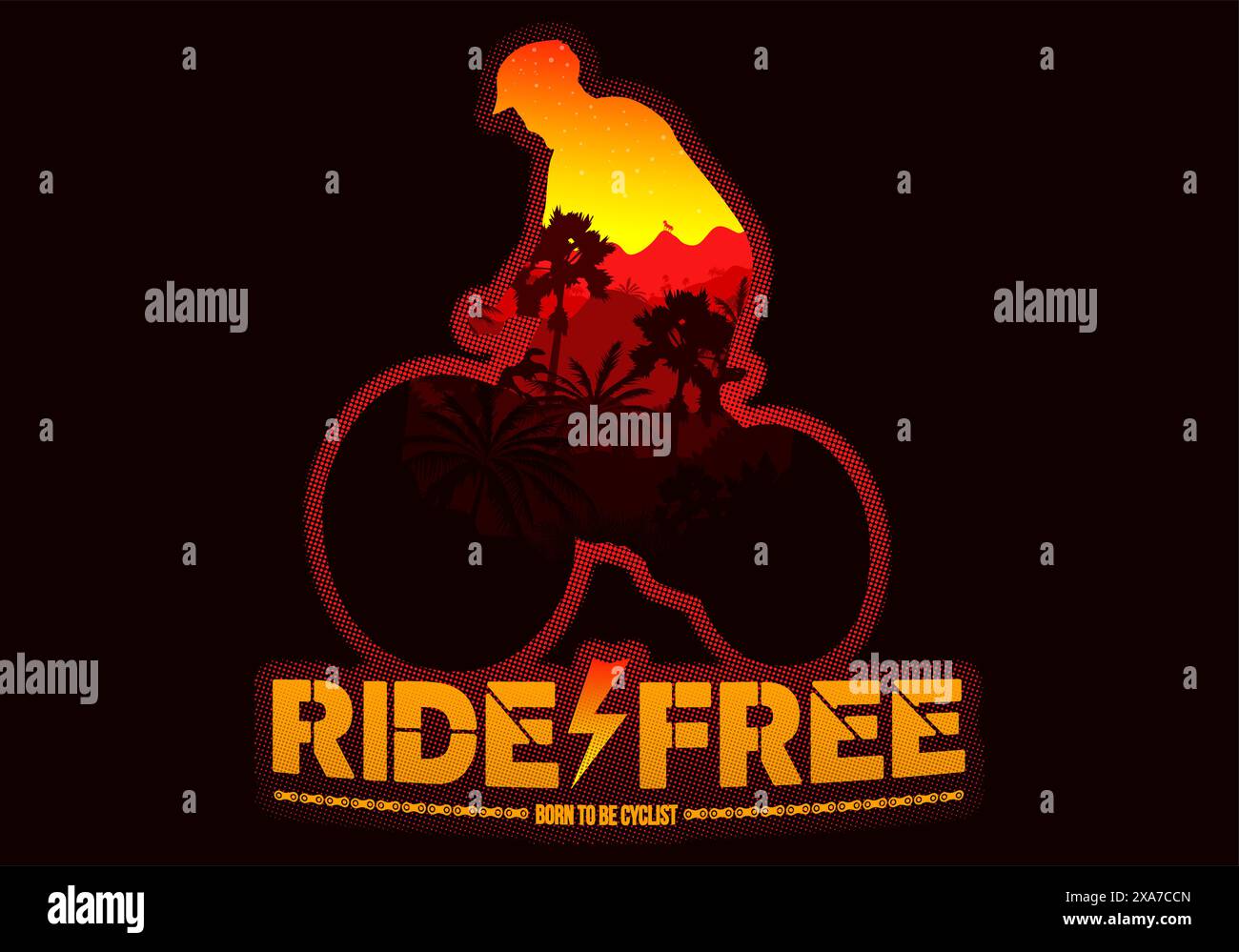 Silhouette eines Radfahrers mit einem Berg heißen Farben abendliche Landfläche im Inneren und eine Fahrt frei, geboren als Fahrradlegende. Biker- und Fahrradkunst t sh Stock Vektor