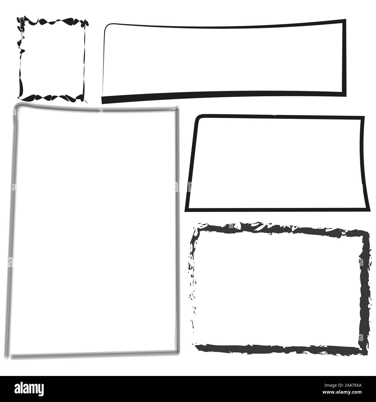 Fünf einzigartige Rahmen. Abstrakte schwarze Ränder. Vektor verschiedener Formen. Kreatives Design. Stock Vektor