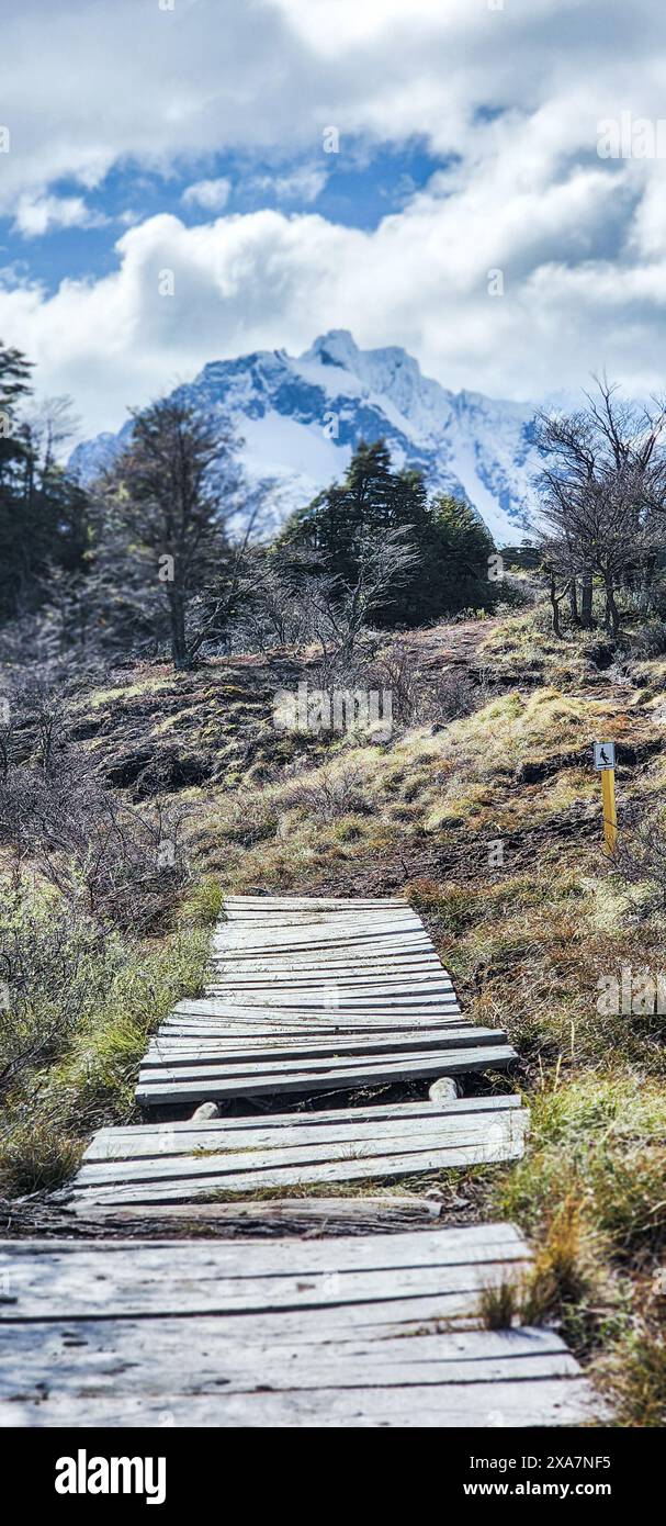 Ein hölzerner Pfad zum schneebedeckten Berg Stockfoto