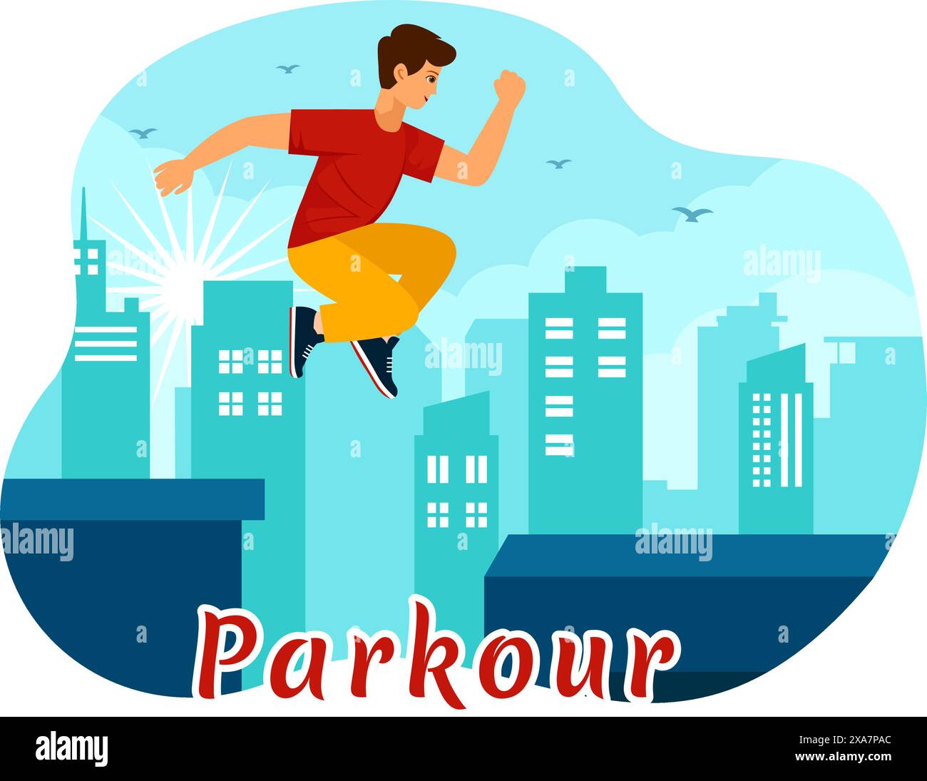 Parkour Sports Vector Illustration mit jungen Männern, die über Wände und Barrieren in der Stadtstraße und Gebäude in einem flachen Stil Cartoon Hintergrund springen Stock Vektor