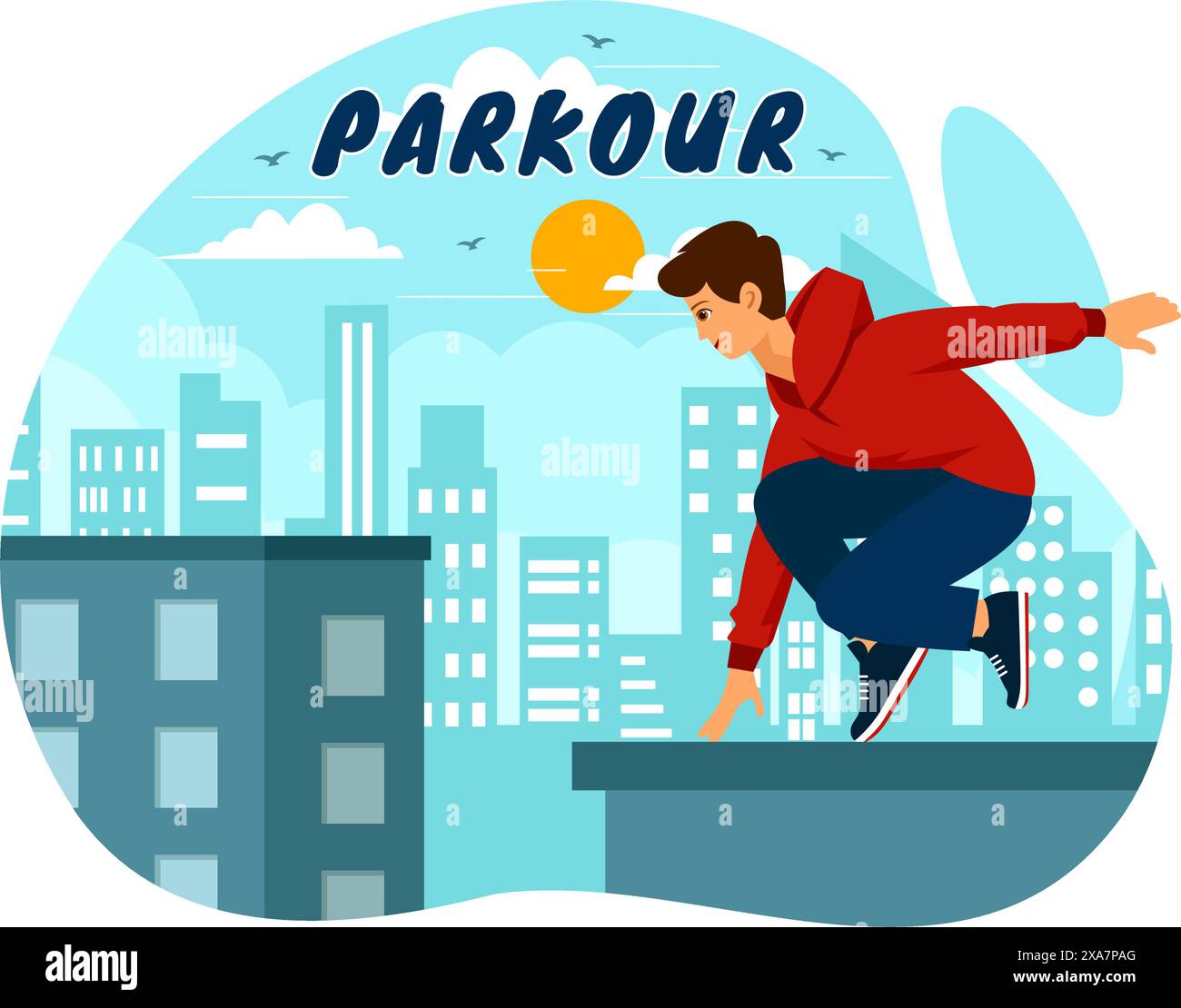 Parkour Sports Vector Illustration mit jungen Männern, die über Wände und Barrieren in der Stadtstraße und Gebäude in einem flachen Stil Cartoon Hintergrund springen Stock Vektor