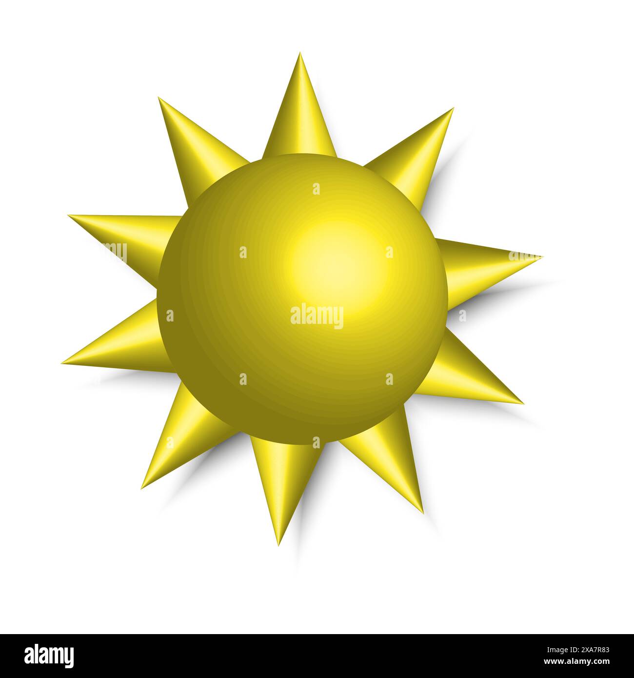 3D-SUN-Illustration Vektor. Goldene Sonnenschein-Grafik. Symbol für Strahlungslicht. Sonnenhelligkeit. Stock Vektor