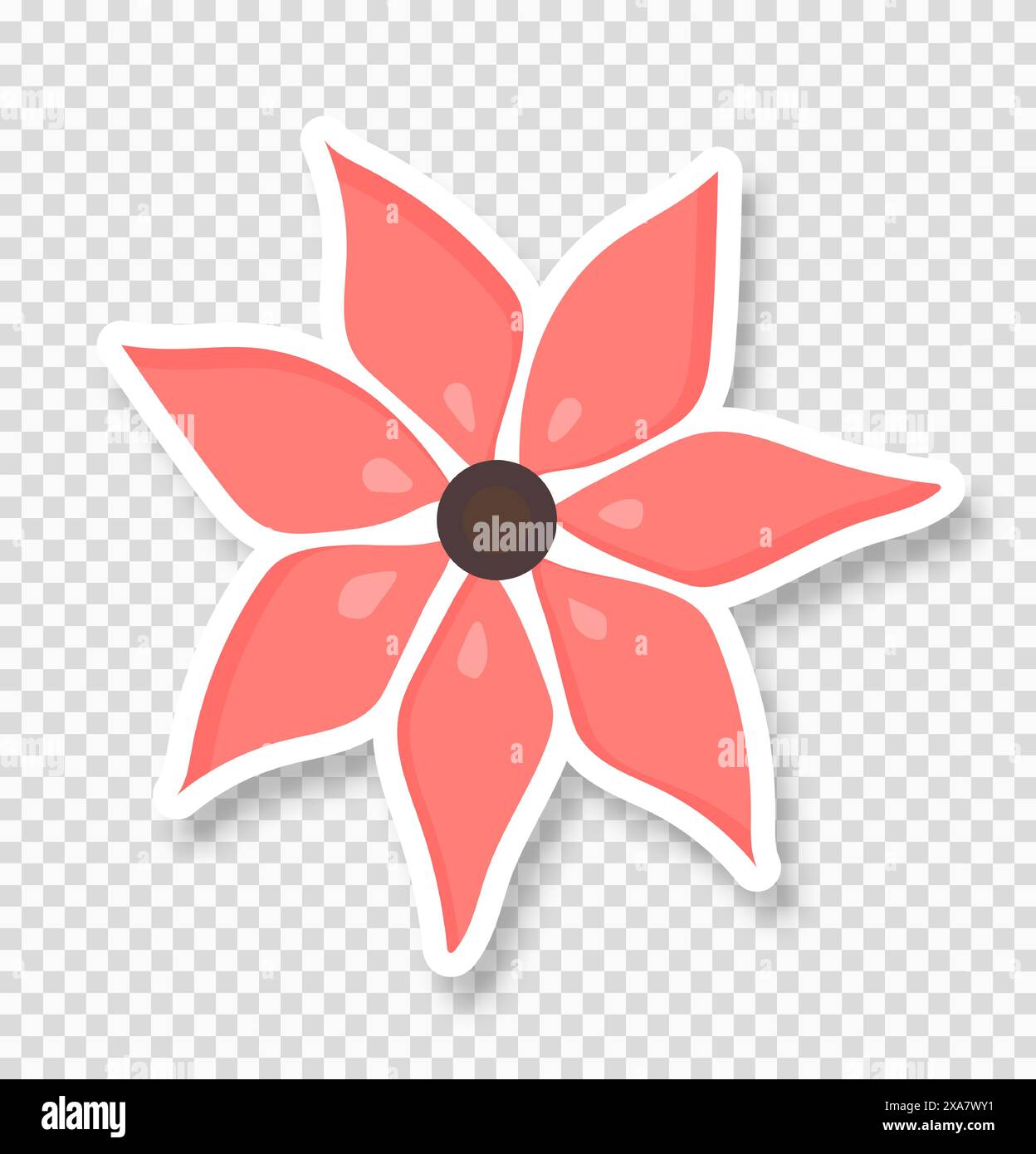 Eine Blume im Zeichentrickstil auf transparentem Hintergrund. Ein rosafarbener Blumenaufkleber mit einem Schatten. Stock Vektor