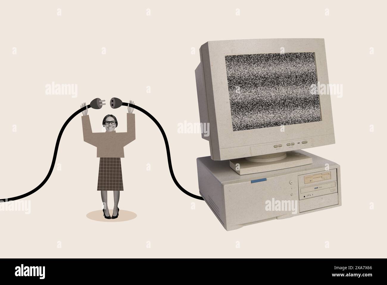 Composite Collage Bild von lustigen weiblichen Verbindung Computer-Monitor Stecker Arbeitsprozess Billboard Comics Zine minimal Stockfoto