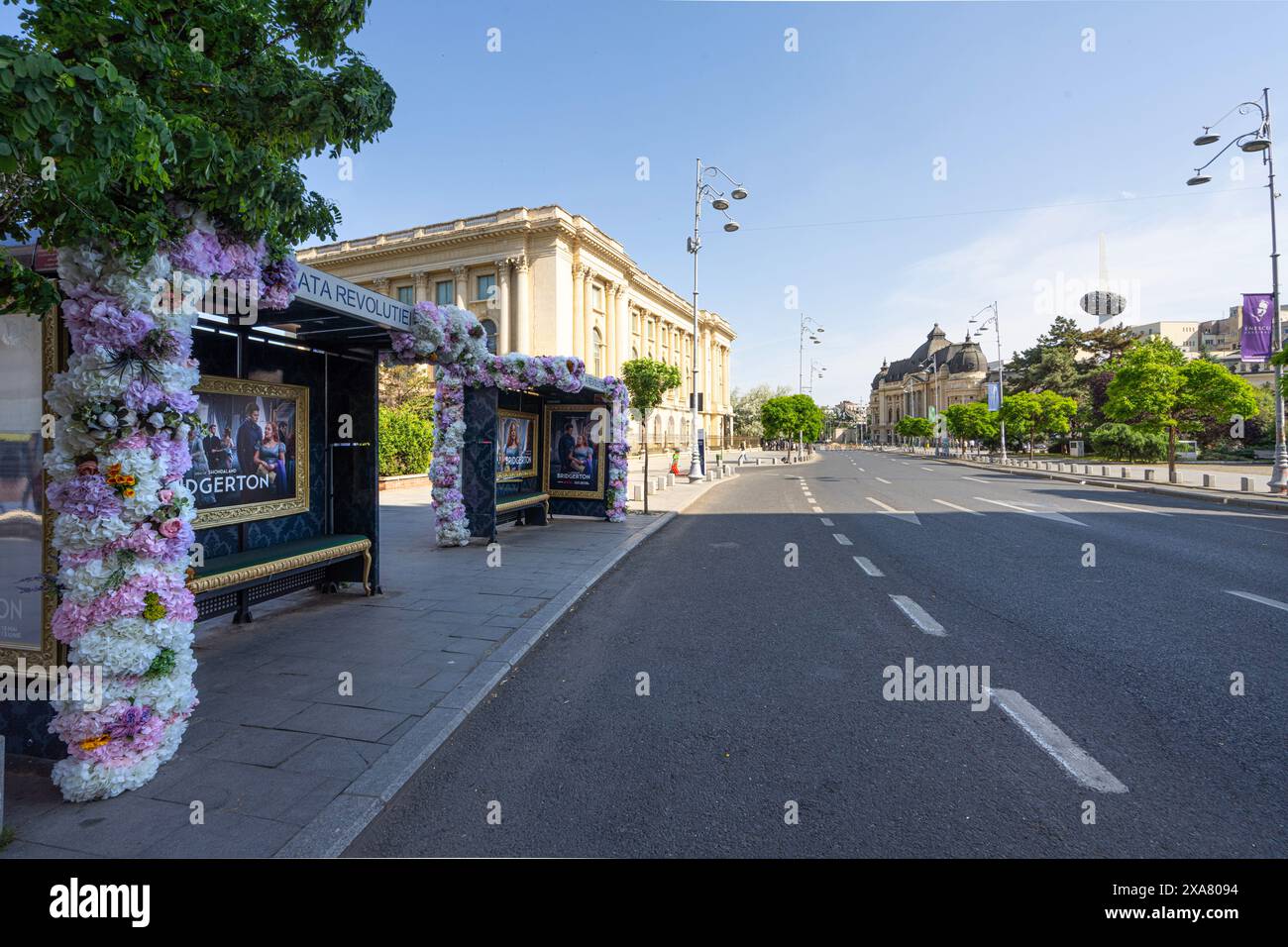 Bukarest, Rumänien. Mai 2024. Eine Bushaltestelle mit Blumenschmuck in einer Straße im Stadtzentrum Stockfoto Bukarest, Rumänien. Mai 2024. Eine Bushaltestelle mit Blumenschmuck in einer Straße im Stadtzentrum Stockfoto