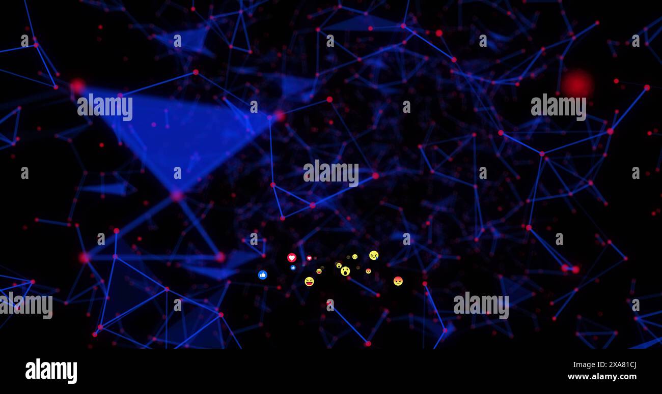 Bild mehrerer Emoji-Symbole, die sich mit leuchtend blauen Netzwerken von Verbindungen auf schwarzem Hintergrund bewegen Stockfoto