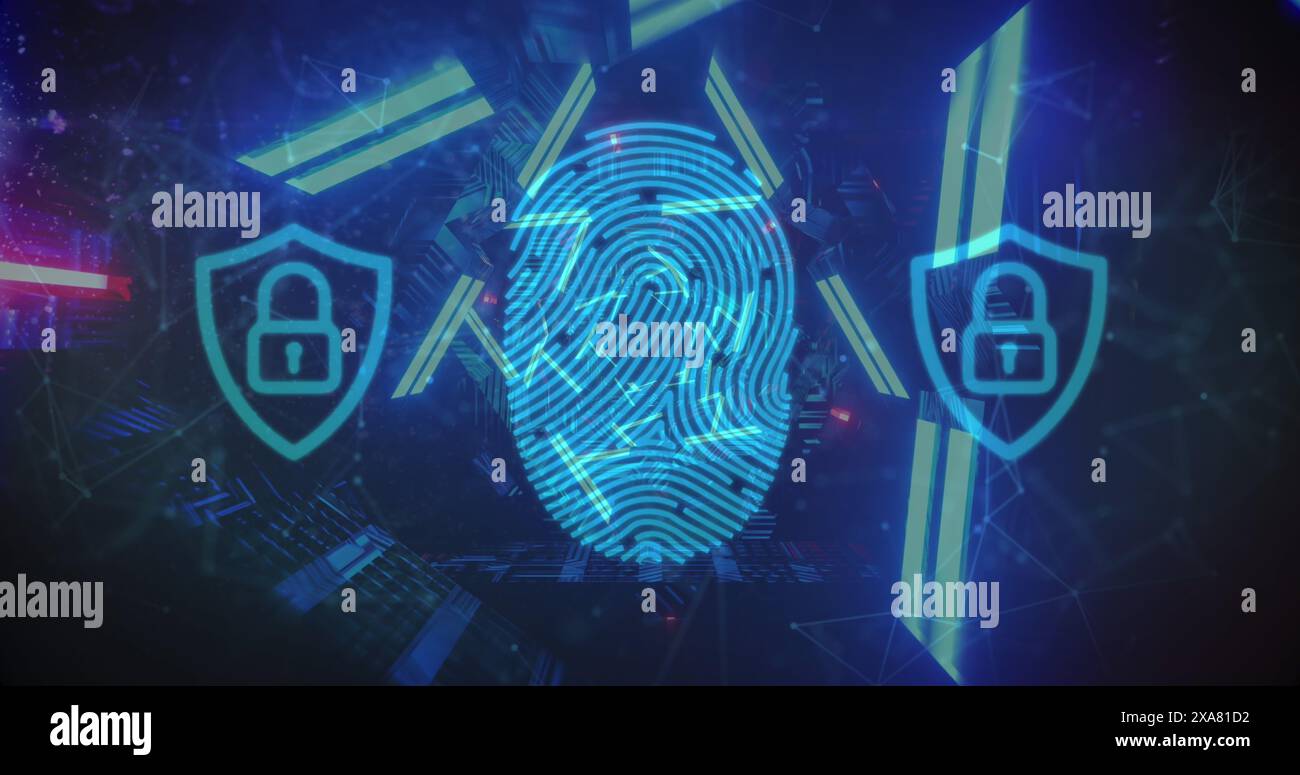 Abbildung: Vorhängeschlösser für digitale Schnittstellen, biometrischer Fingerabdruck mit beweglichem blauen Neontunnel Stockfoto