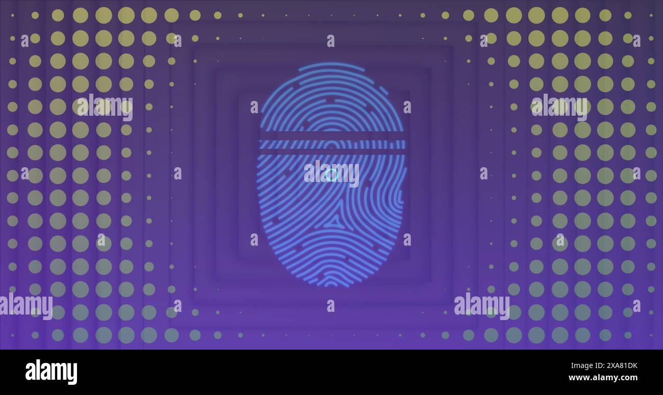 Bild des biometrischen Fingerabdrucks der digitalen Schnittstelle, der mit sich bewegenden blauen Kreisen gescannt wird Stockfoto