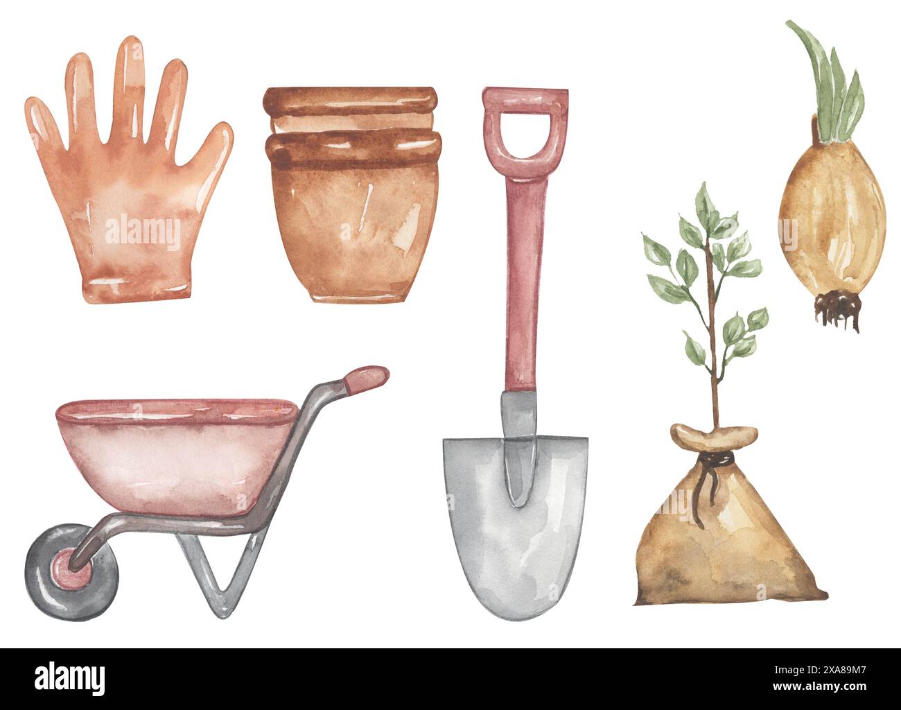 Aquarell Gartenwerkzeuge Illustration, Wagen, Handschuh, Blumentopf, Schaufel, Clipart-Set des Baums Stockfoto