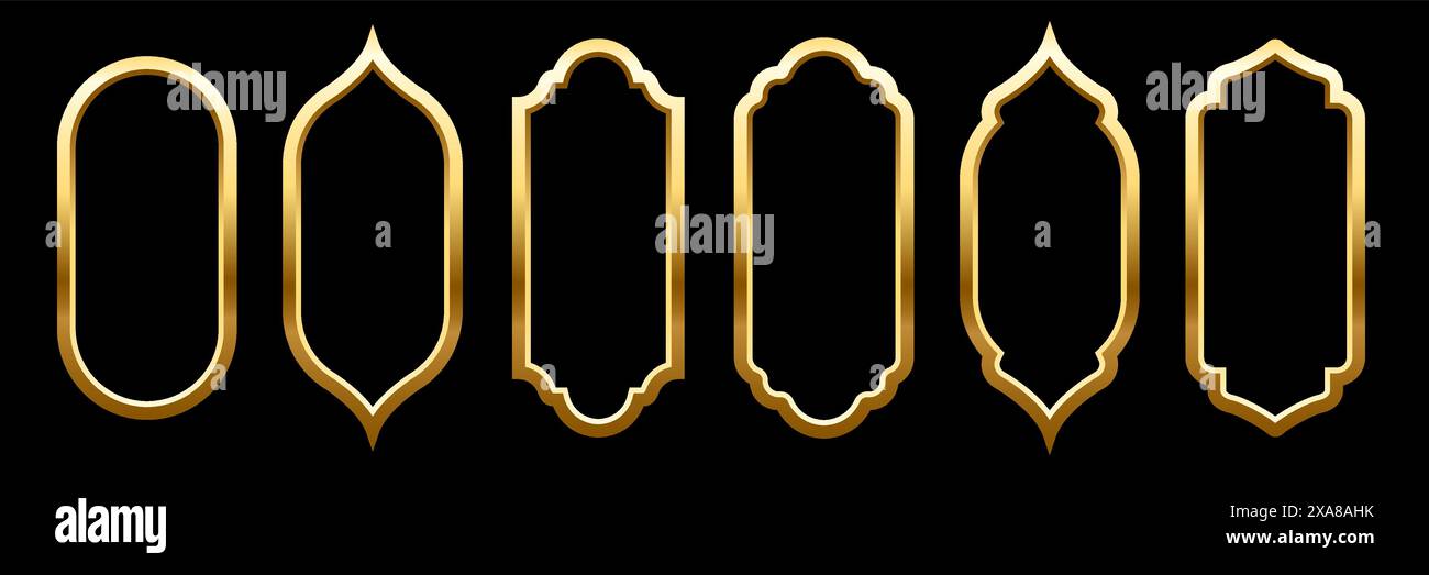 Islamische Moschee Fenster und Bögen Vektor Illustration Set. Abstrakte isolierte Sammlung von goldenen Silhouettenrahmen in verschiedenen Formen auf Schwarz Stock Vektor