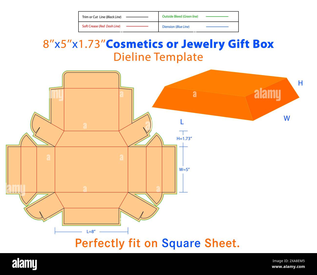 Geschenkbox für Kosmetik oder Schmuck L 4,8 x B 3 x H 1,04 Zoll Dieline Vorlage. Eine Kiste ist ein Behälter mit dreidimensionaler Struktur, der zum Aufbewahren und Schützen verwendet wird Stock Vektor