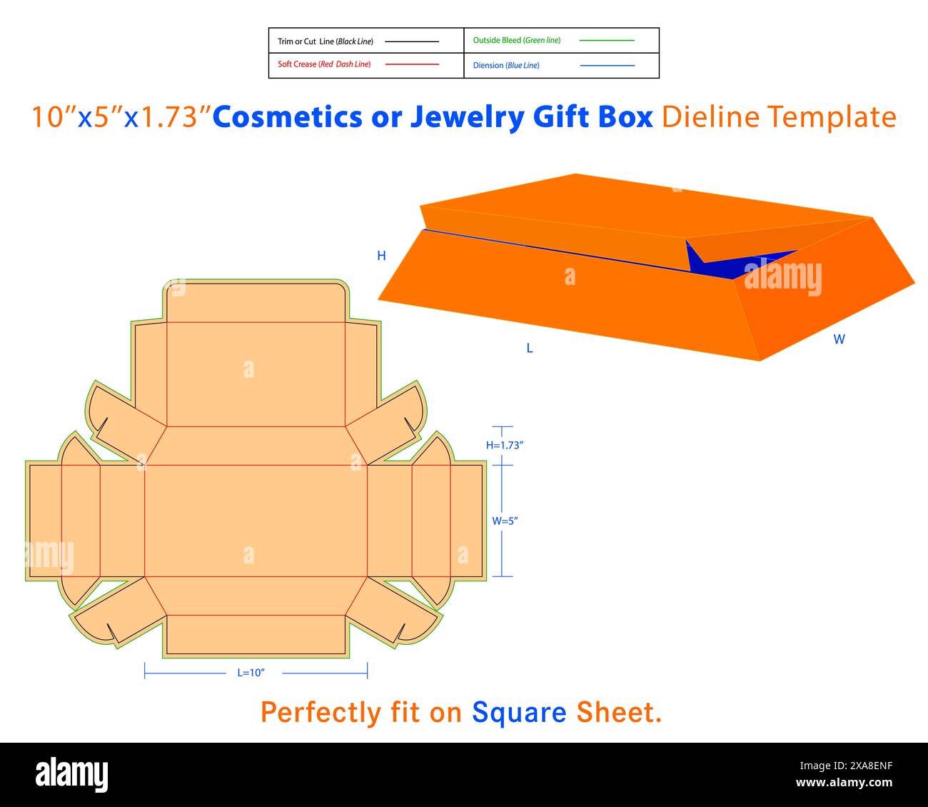 Geschenkbox für Kosmetik oder Schmuck L 10 x B 5 x H 1,73 Zoll Dieline Vorlage. Eine Kiste ist ein Behälter mit dreidimensionaler Struktur, der zum Aufbewahren und Schützen verwendet wird Stock Vektor