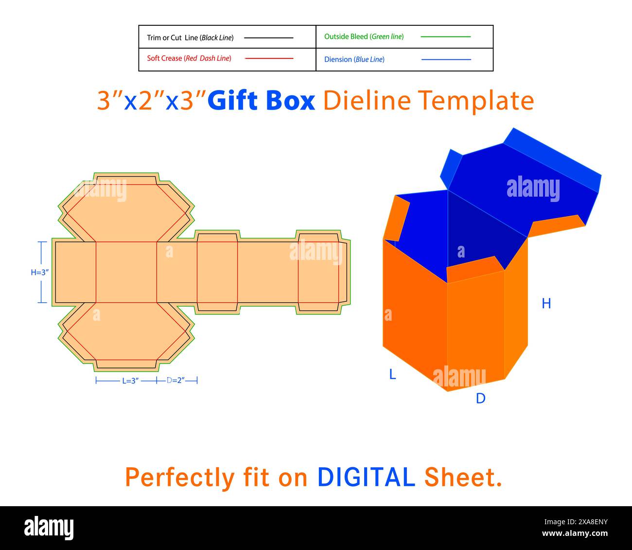 Geschenkbox L 3 x T 2 x H 3 Zoll Dieline Vorlage. Eine Kiste ist ein Behälter mit dreidimensionaler Struktur, der zum Aufbewahren, Schützen und Transportieren von Gegenständen verwendet wird. Stock Vektor