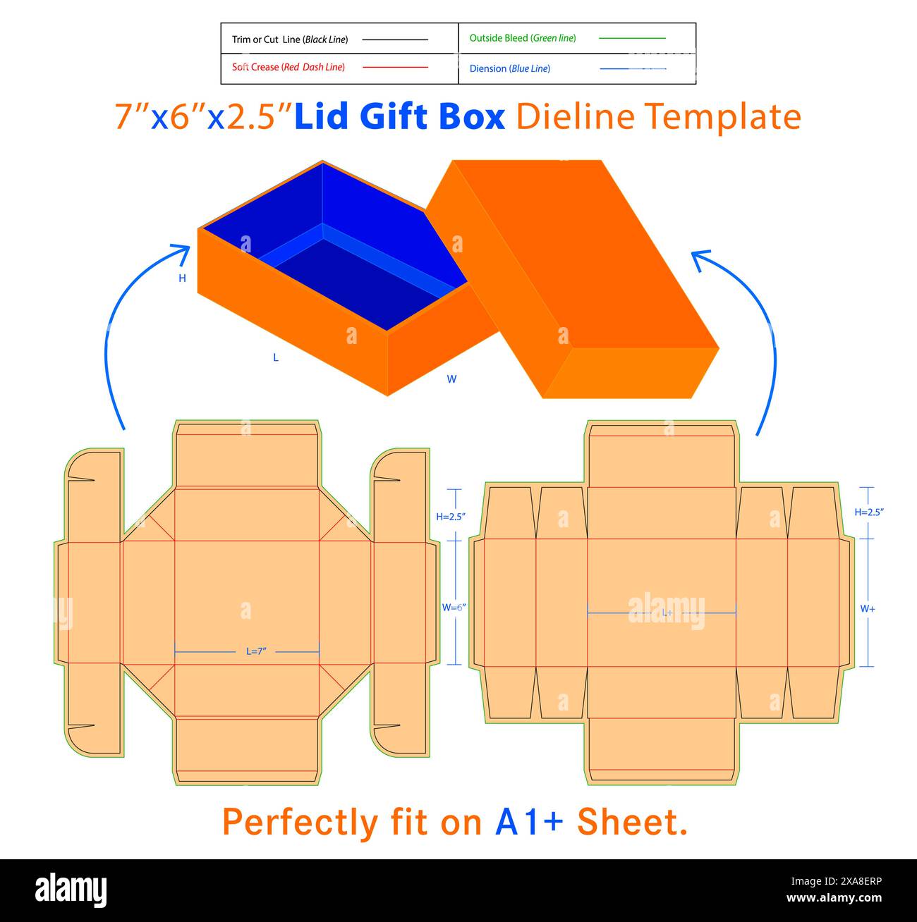 Deckel Geschenkbox L 7 x B 6 x H 2,5 Zoll Dieline Vorlage. Eine Kiste ist ein Behälter mit dreidimensionaler Struktur, der zum Aufbewahren, Schützen und Transportieren verwendet wird Stock Vektor