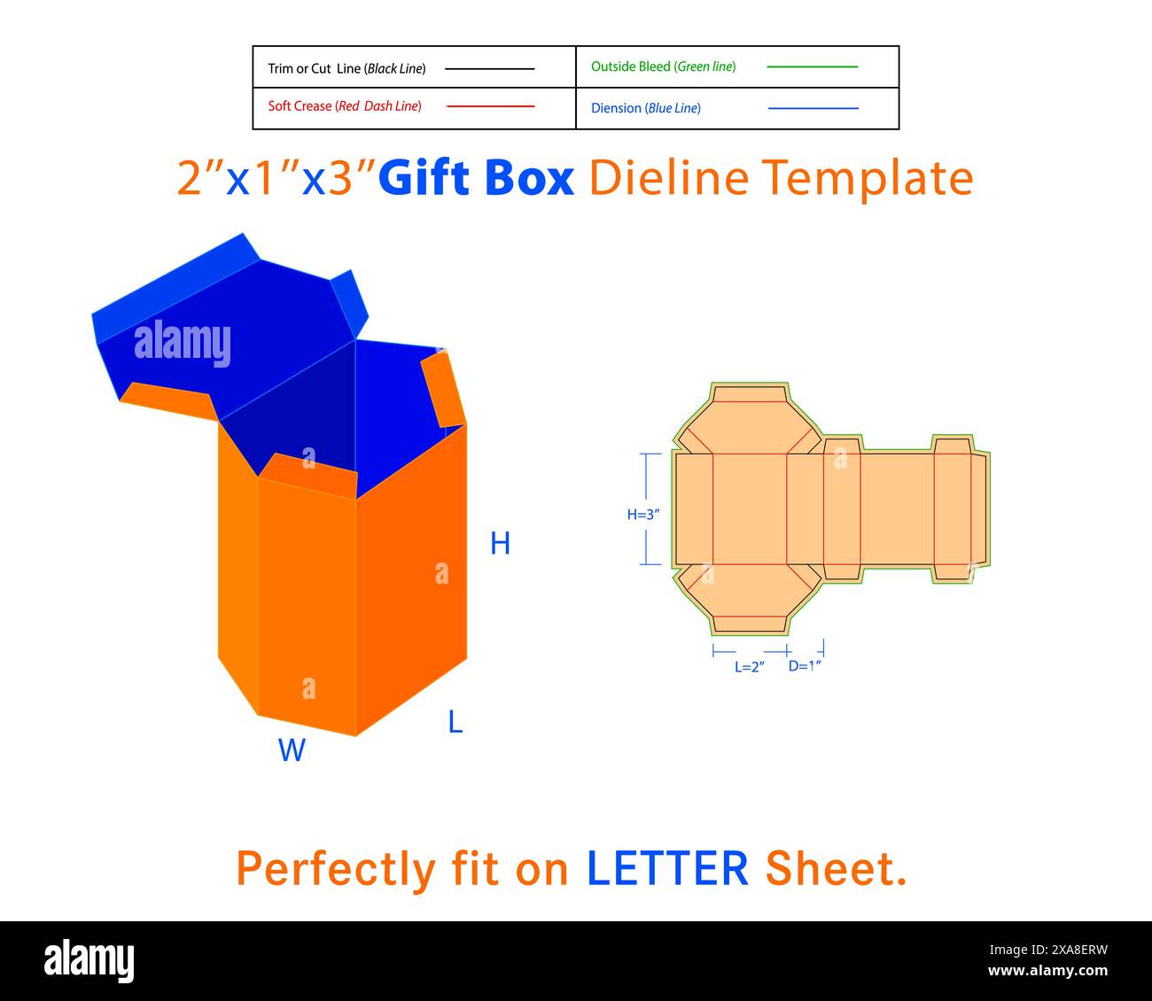 Geschenkbox L 2 x T 1 x H 3 Zoll Dieline Vorlage. Eine Kiste ist ein Behälter mit dreidimensionaler Struktur, der zum Aufbewahren, Schützen und Transportieren von Gegenständen verwendet wird. Stock Vektor