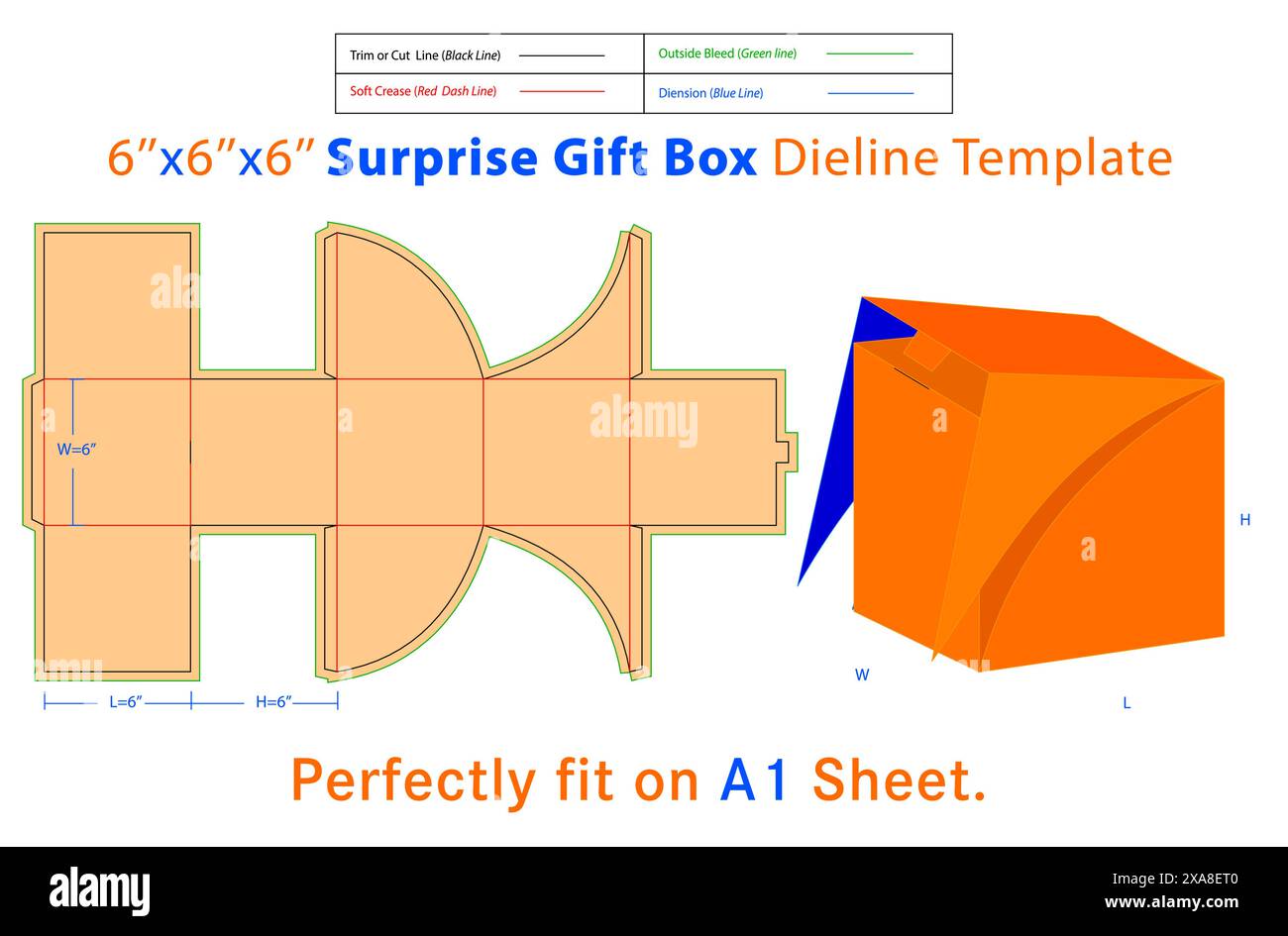 Geschenkbox für Überraschung L 6 x B 6 x H 6 Zoll Dieline Vorlage. Eine Kiste ist ein Behälter mit dreidimensionaler Struktur, der zum Aufbewahren, Schützen und Transportieren verwendet wird Stock Vektor