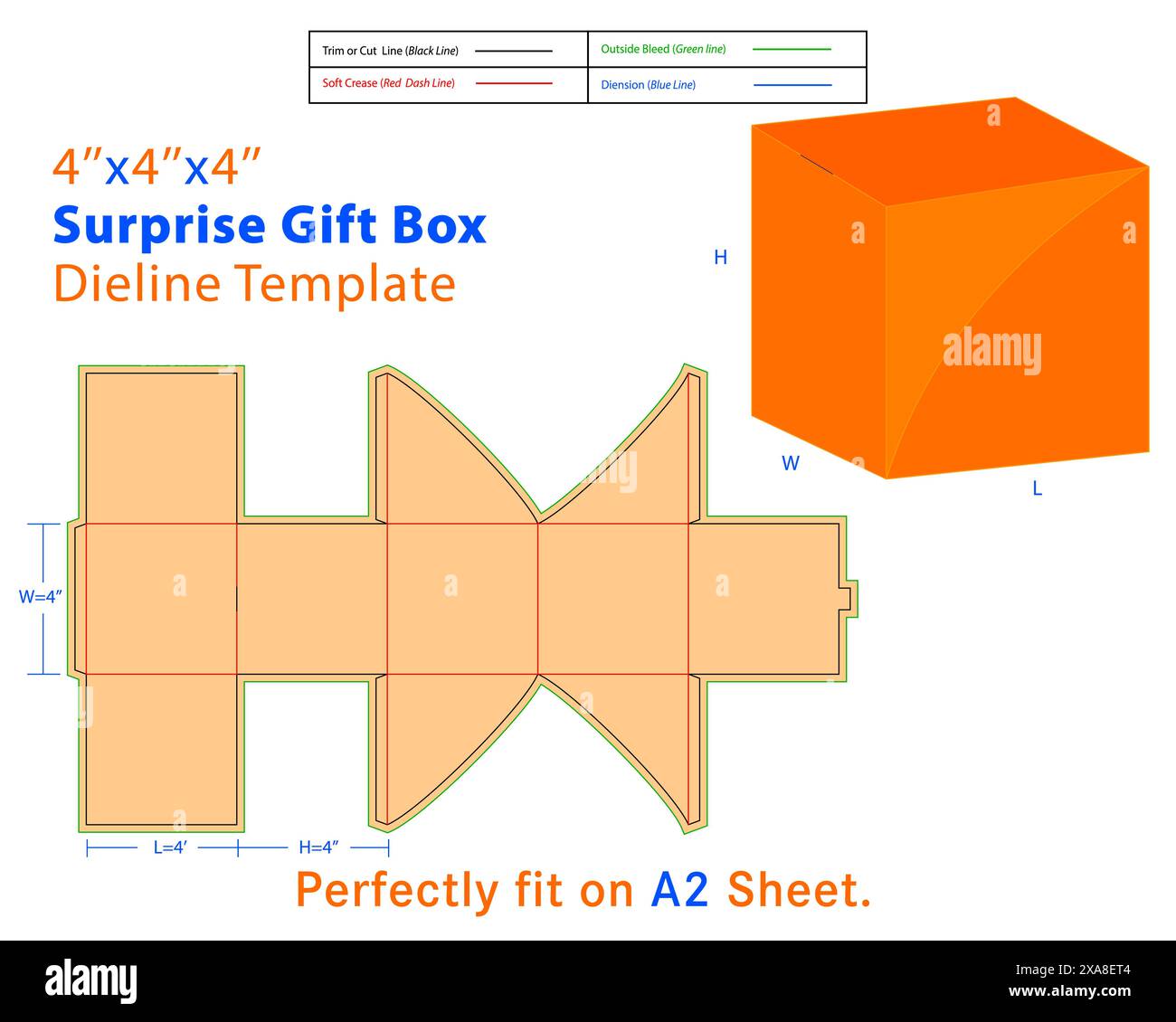 Geschenkbox für Überraschung L 4 x B 4 x H 4 Zoll Dieline Vorlage. Eine Kiste ist ein Behälter mit dreidimensionaler Struktur, der zum Aufbewahren, Schützen und Transportieren verwendet wird Stock Vektor