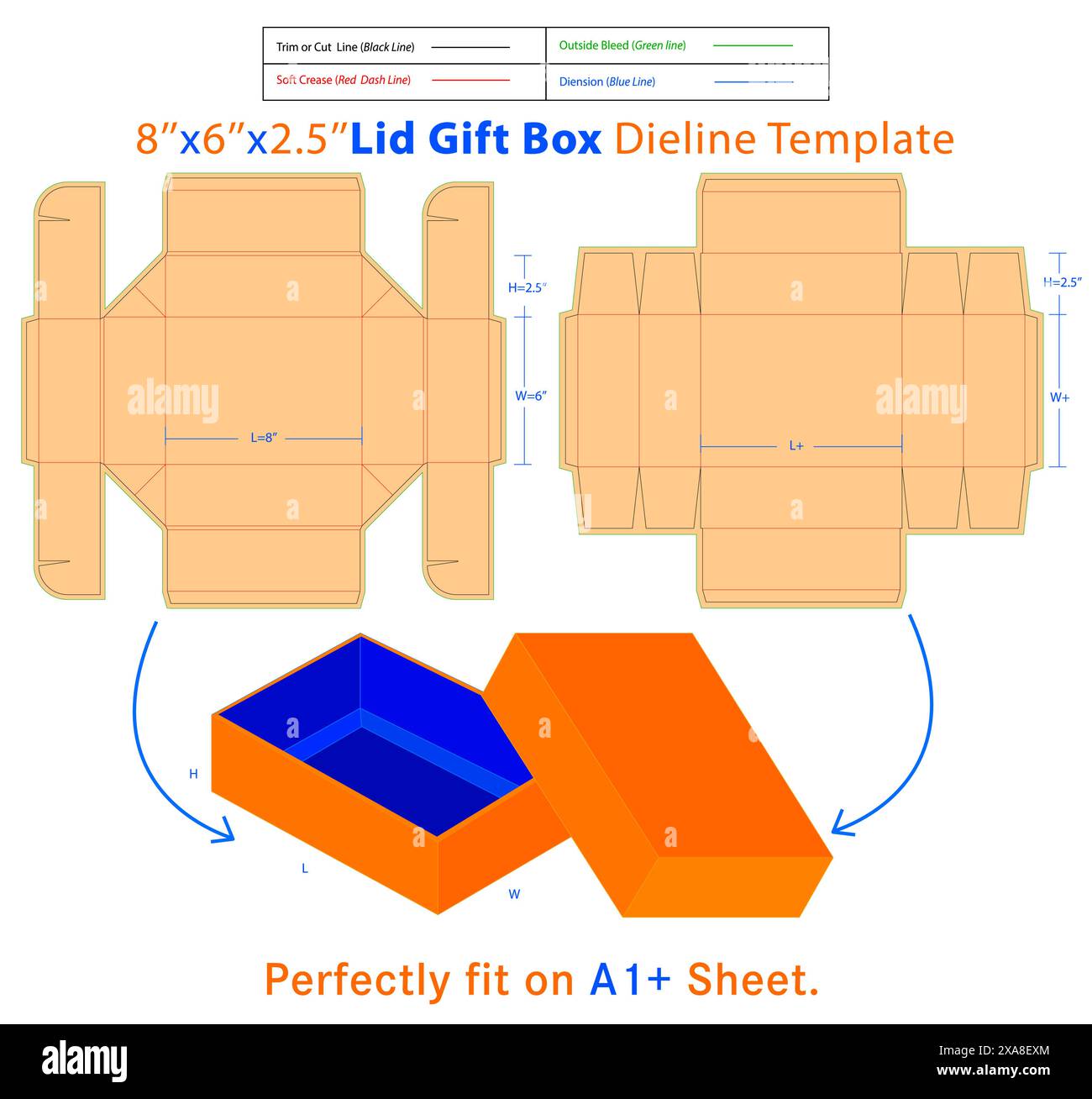 Deckel Geschenkbox L 7 x B 6 x H 2,5 Zoll Dieline Vorlage. Eine Kiste ist ein Behälter mit dreidimensionaler Struktur, der zum Aufbewahren, Schützen und Transportieren verwendet wird Stock Vektor