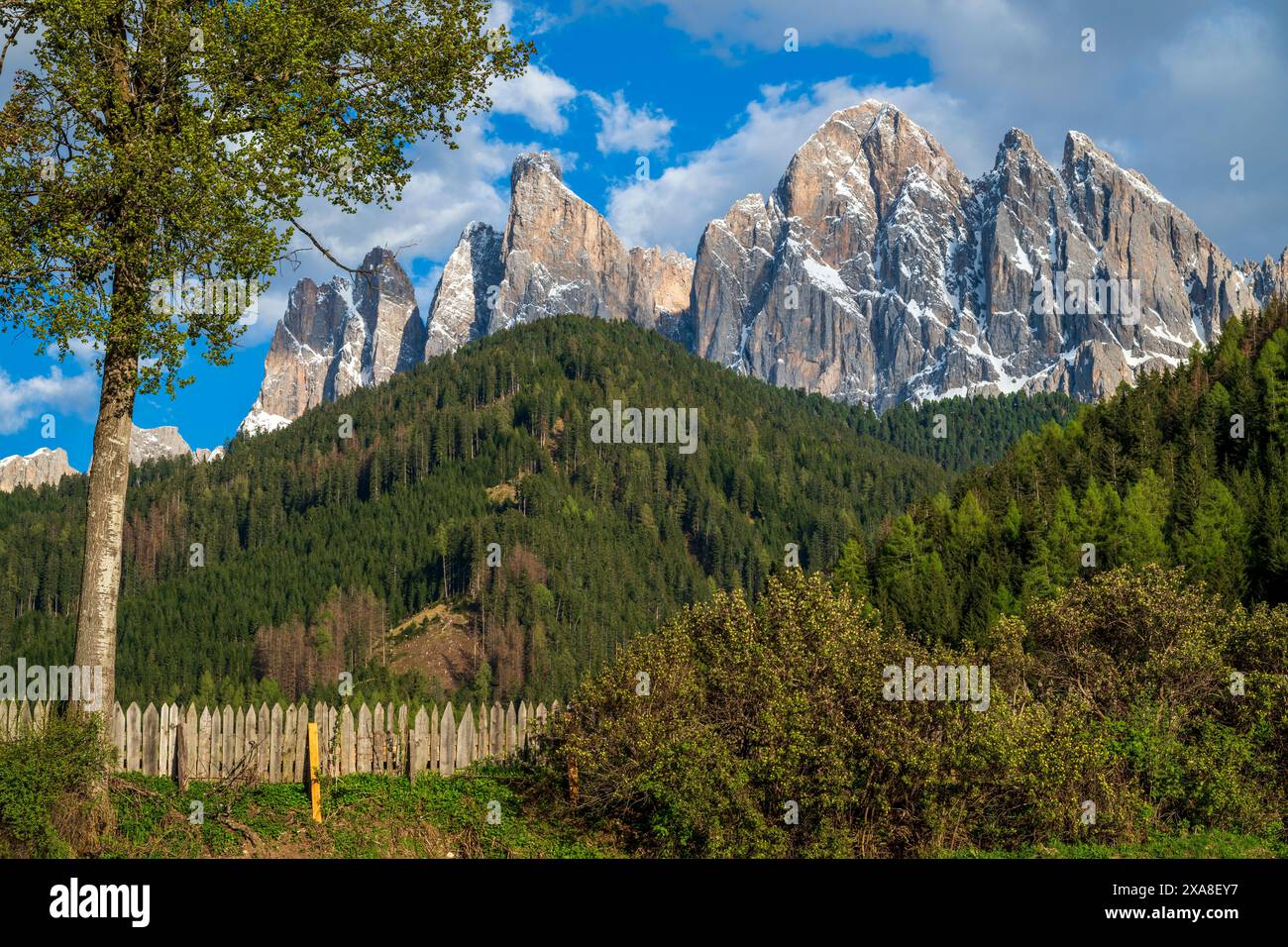 Malerischer Blick über die Geislergruppe, Dolomiten, Villnoss-Val di Funes, Südtirol-Sudtirol, Italien Stockfoto